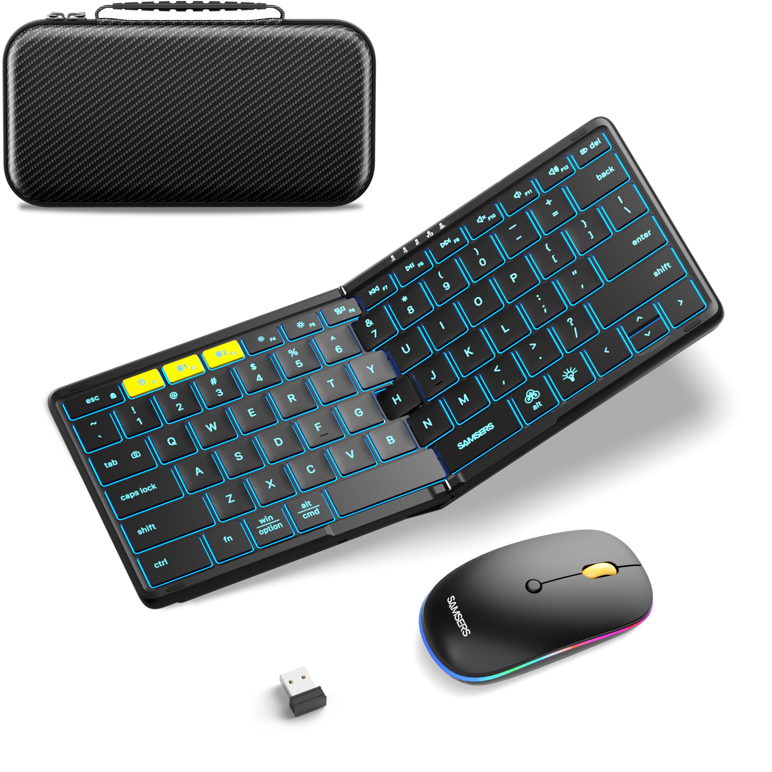 Foldable Keyboard and Mouse, Samsers KM08X Folding Bluetooth Keyboard Mouse Combo with Backlight, 2.4G + BT5.0 x 2, Full-Size Tr
