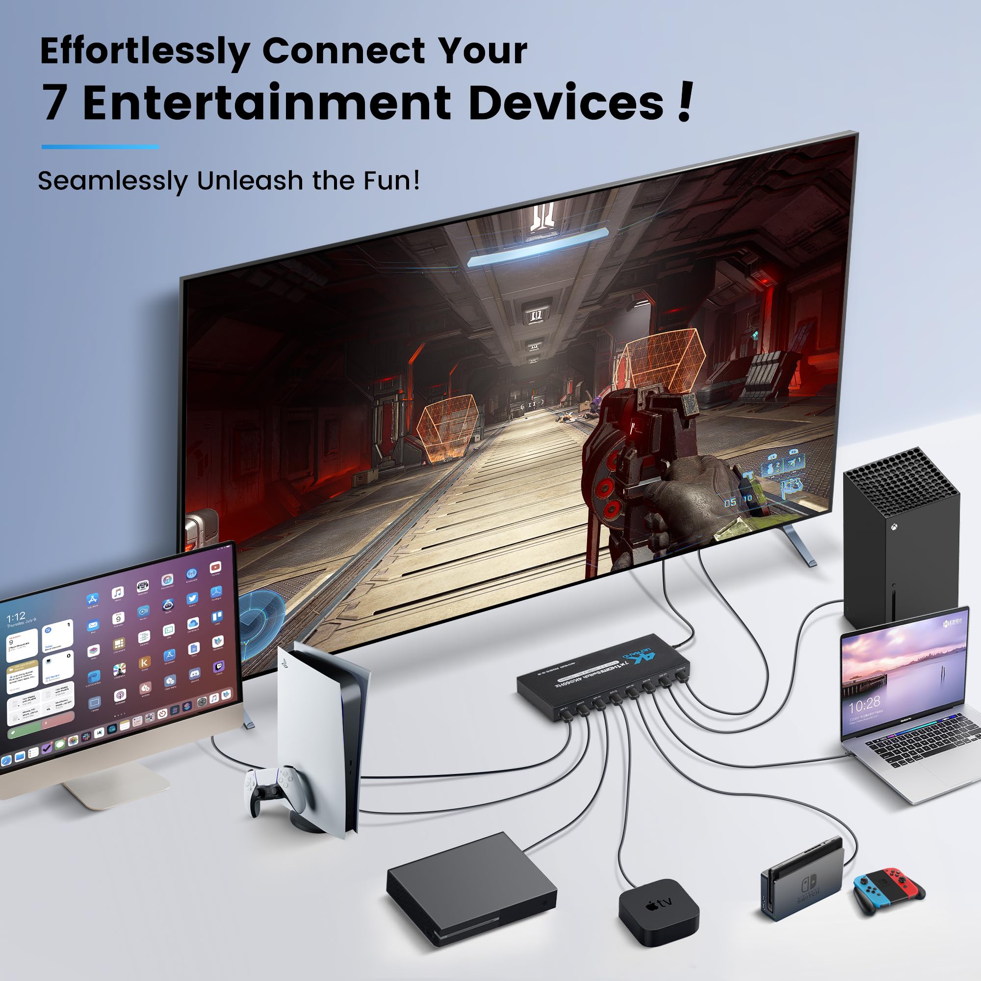 Newcare Hdmi Switch 7 In 1 Out 4K@60Hz, 7X1 Hdmi Switcher With Ir Remote, 7 Port Hdmi Selector Box Support Hdmi2.0, Dolby Vision/Atmos, Hdr10 For Xbox, Switch, Ps5/4, Roku, Fire Stick