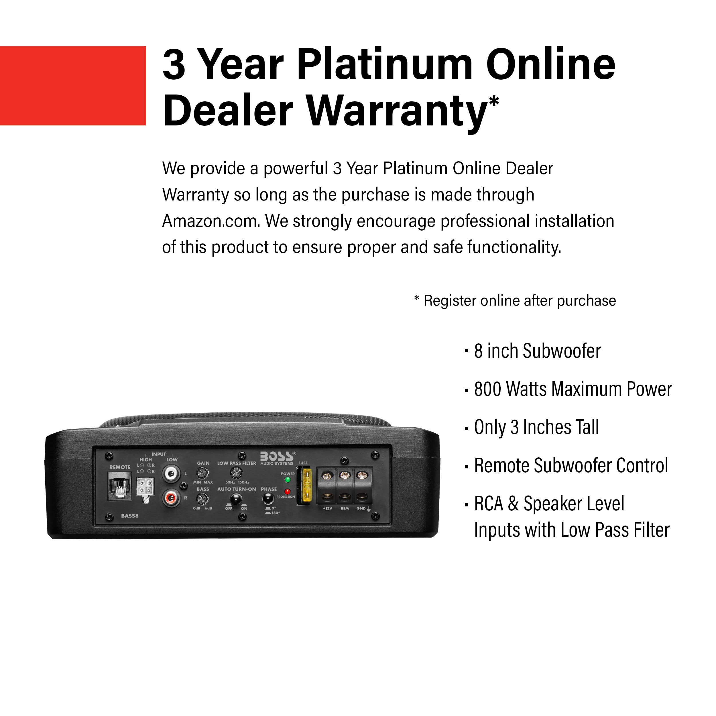 Boss Audio Systems Bass8 8 Inch Under Seat Powered Car Subwoofer   800 High Output, Low Profile, Built In Amplifier, For Truck,