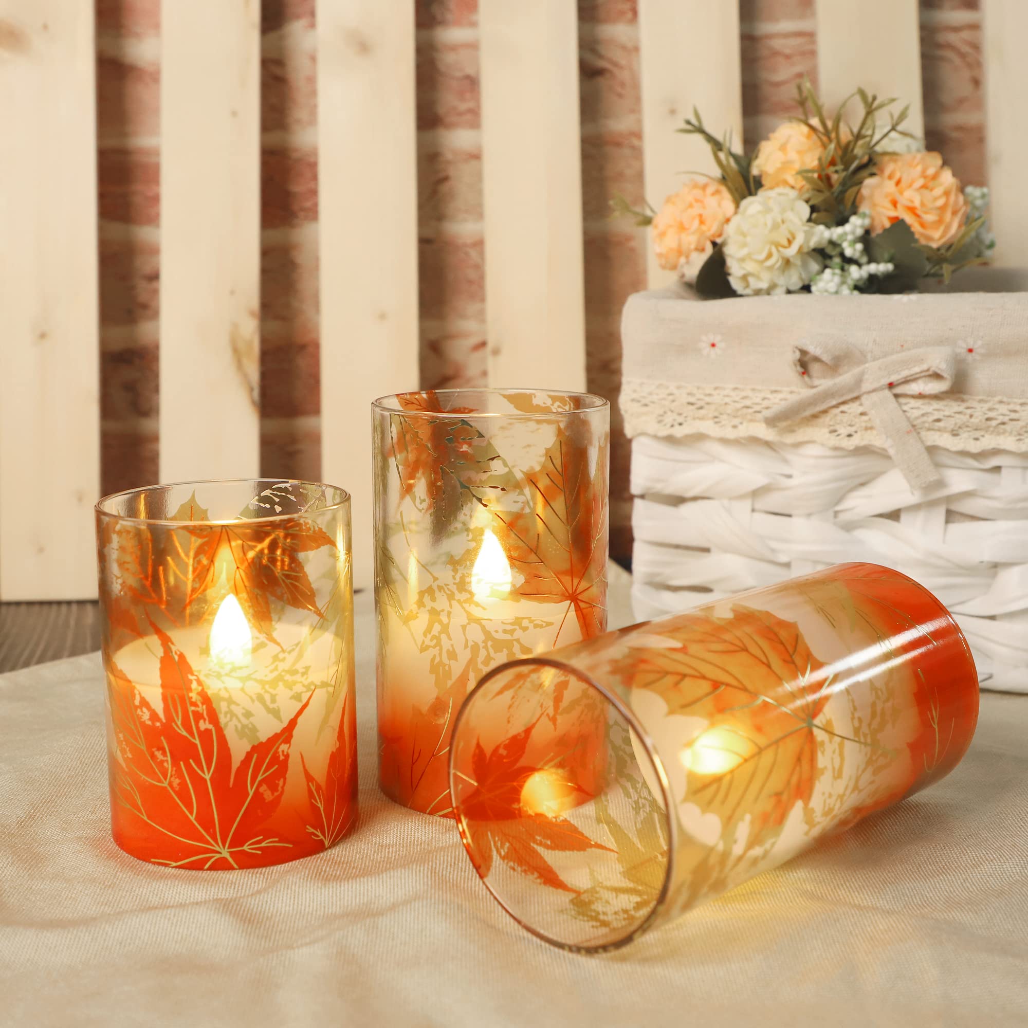Gorge Moment Flameless Led Candles Battery Operated Flickering With Remote Timer Glass Effect Gold Red Maple Leaves Realistic Wa