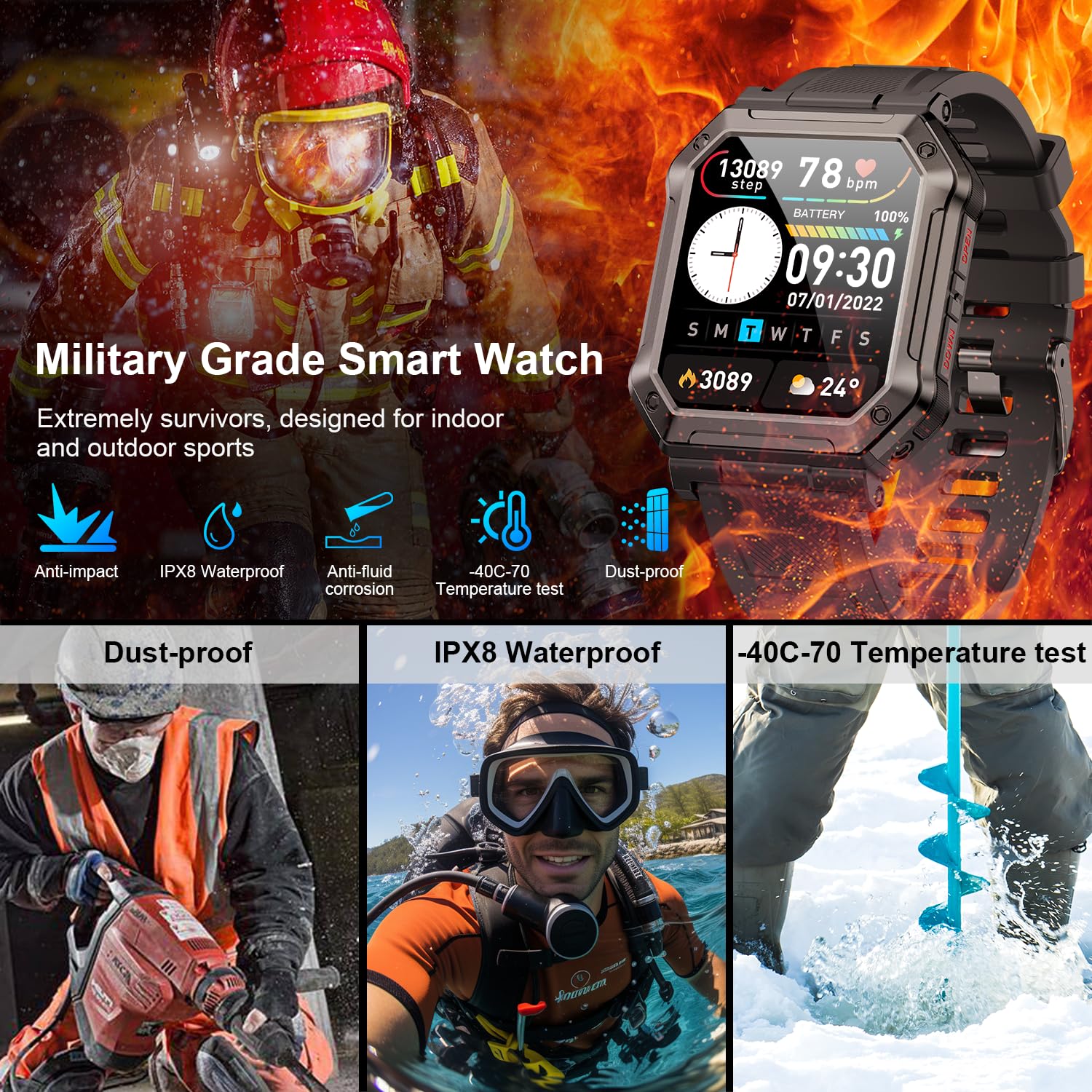 Smart Watch For Men Fitness Tracker: (Make/Answer Call) Bluetooth Military Smartwatch For Android Phones Iphone Waterproof Outdo
