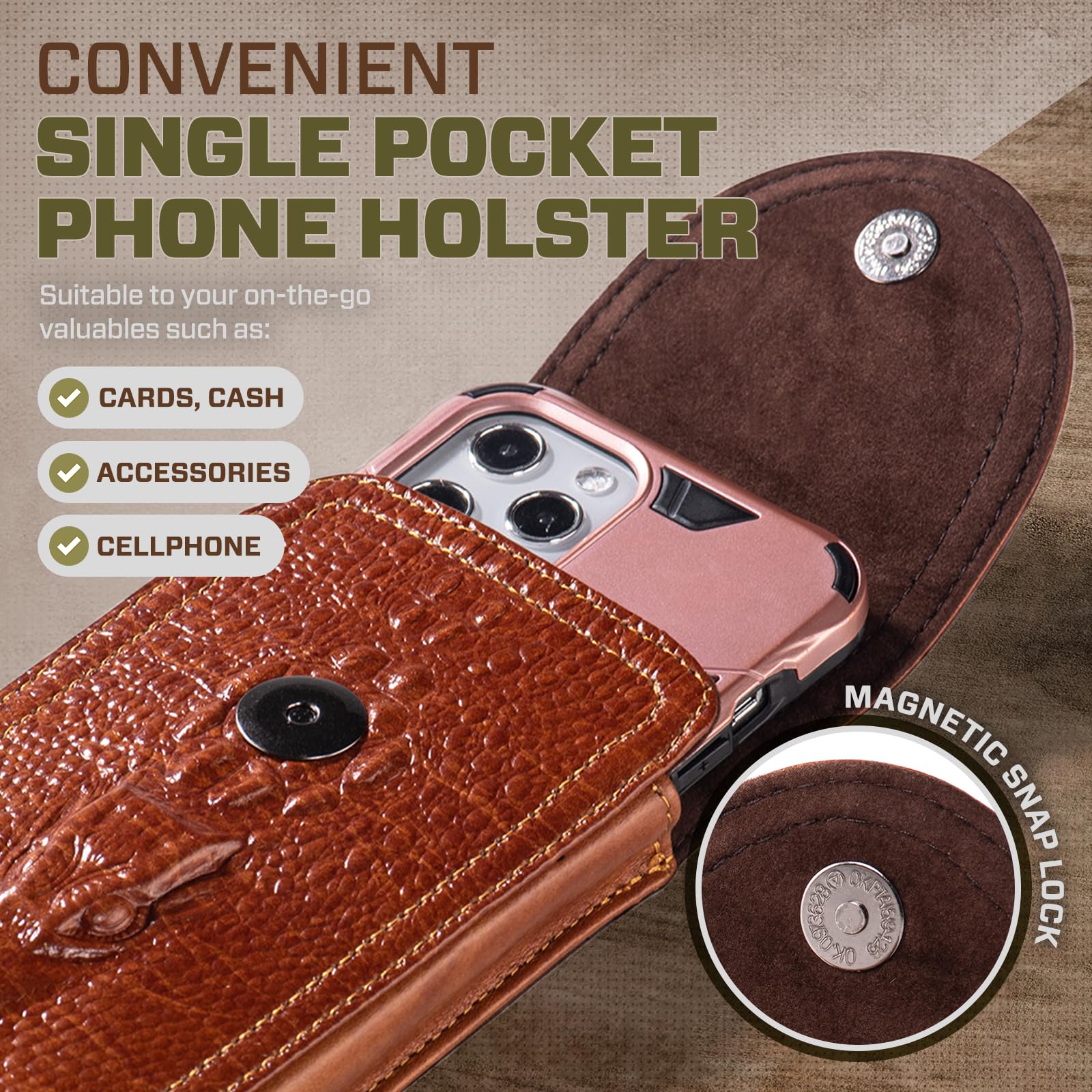 Hengwin Genuine Leather Phone Holster Fits For Iphone 16 Pro Max 15 Plus 14 Pro Max Samsung Galaxy A15 Note 9 8 S23+ S22+ S21 Fe