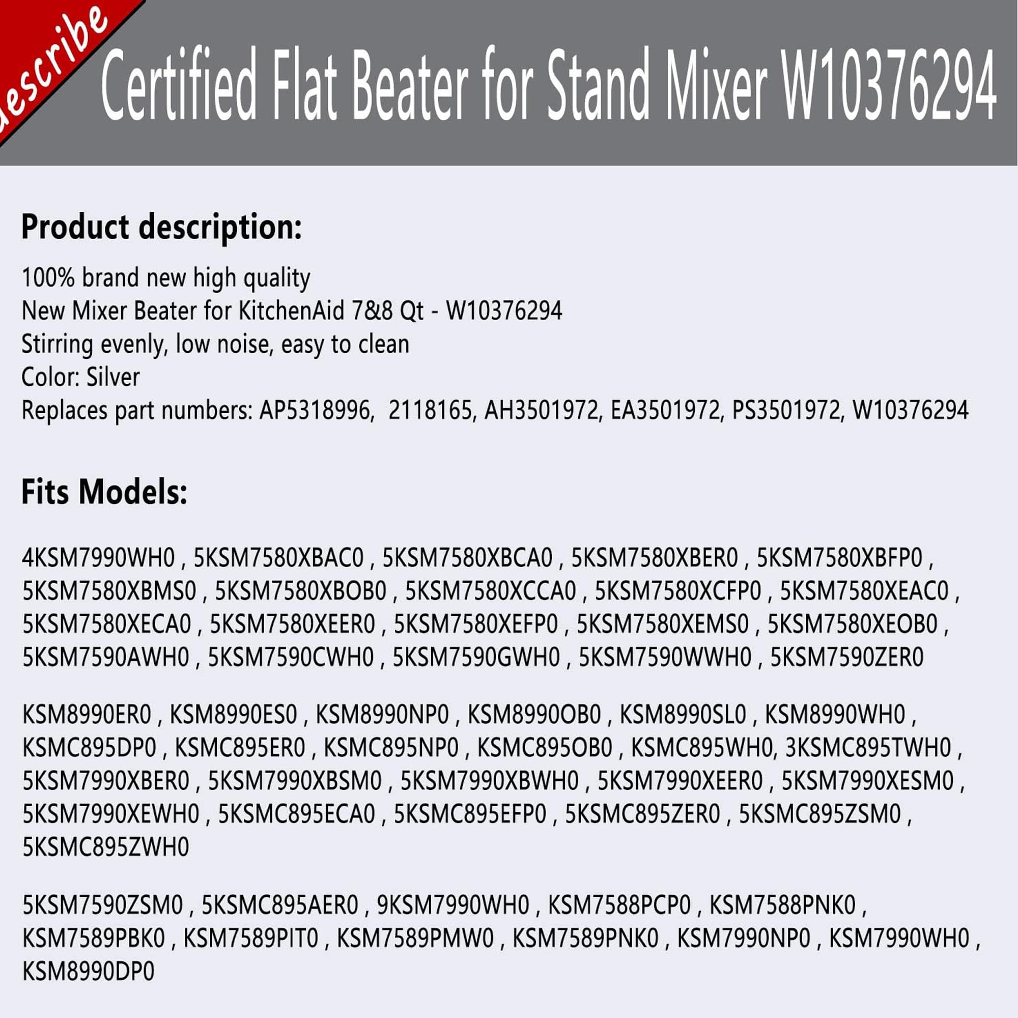 Prime&Swift 7&8 Quart Flat Beater Stainless Steel Mixing Head W10376294 Nsf Certified Fit For Stand Mixer