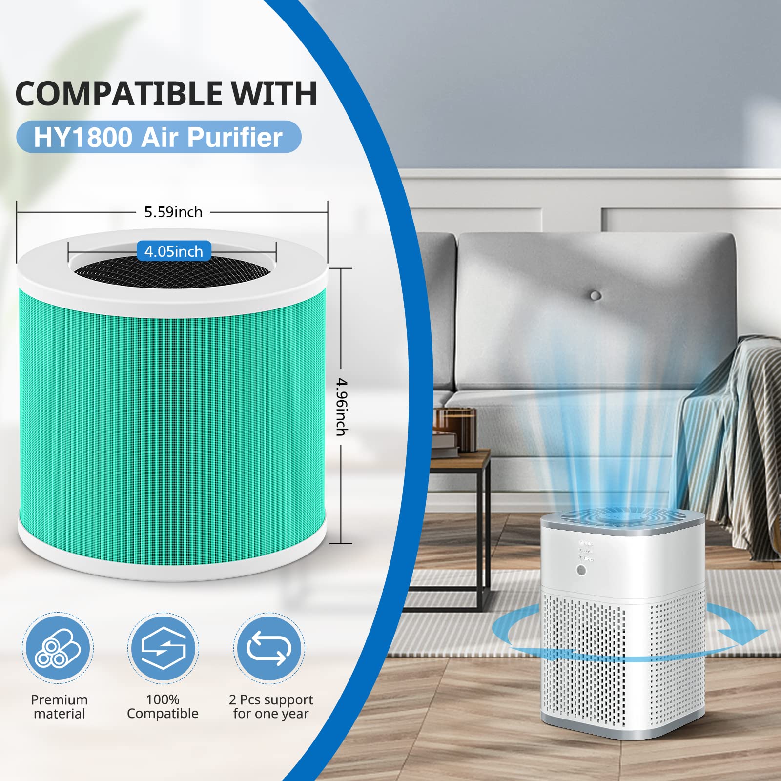 2 Pack Hy1800 True H13 Hepa Replacement Filter Compatible With Chivalz/Morento/Loytio/Honeyuan/Ayafato/Ioiow Hy1800 Air Purifier
