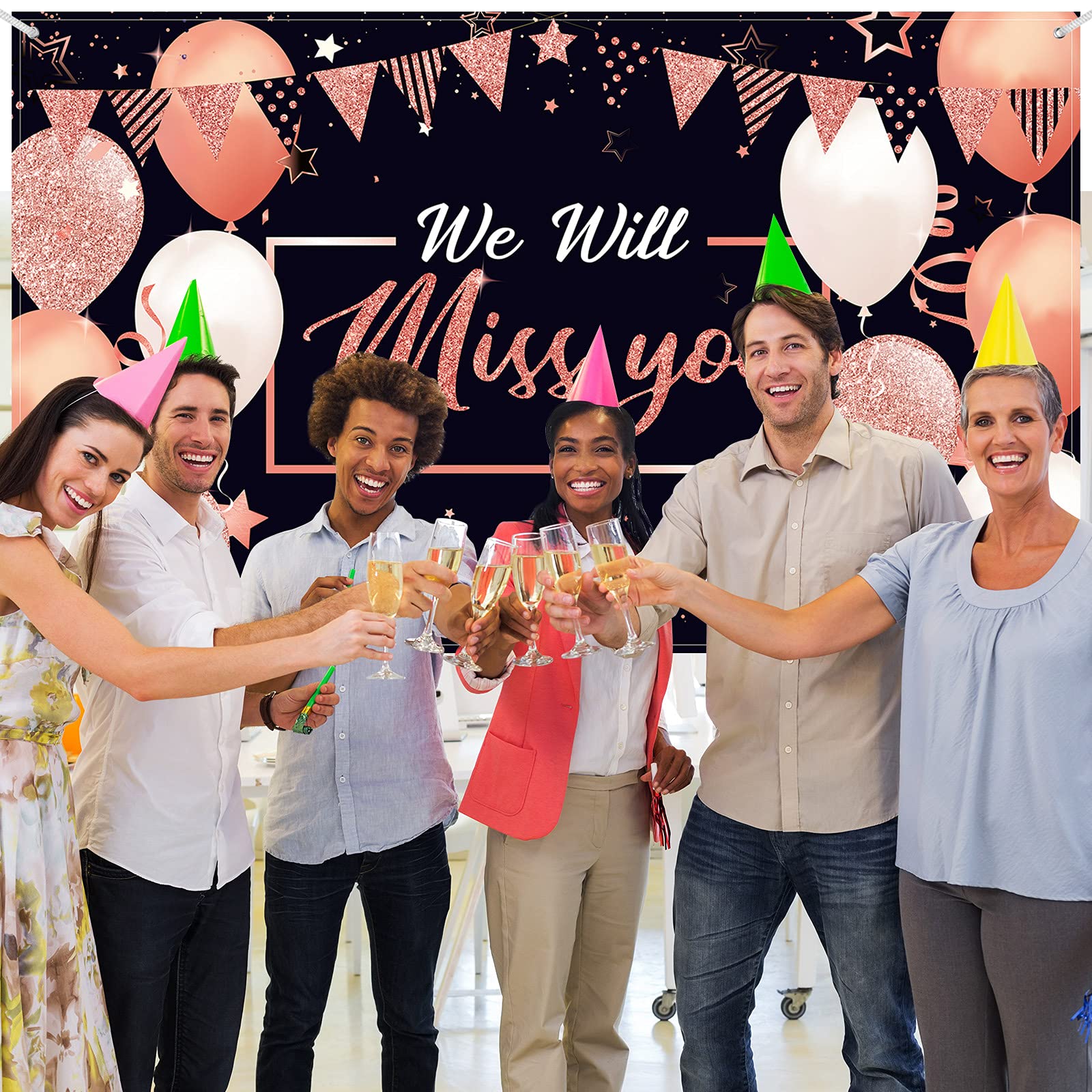 We Will Miss You Party Decorations, Extra Large Going Away Party Backdrop Miss You Photography Background Banner For Farewell Anniversary Retirement Graduation Party, 72.8 X 43.3 Inch (Rose Gold)