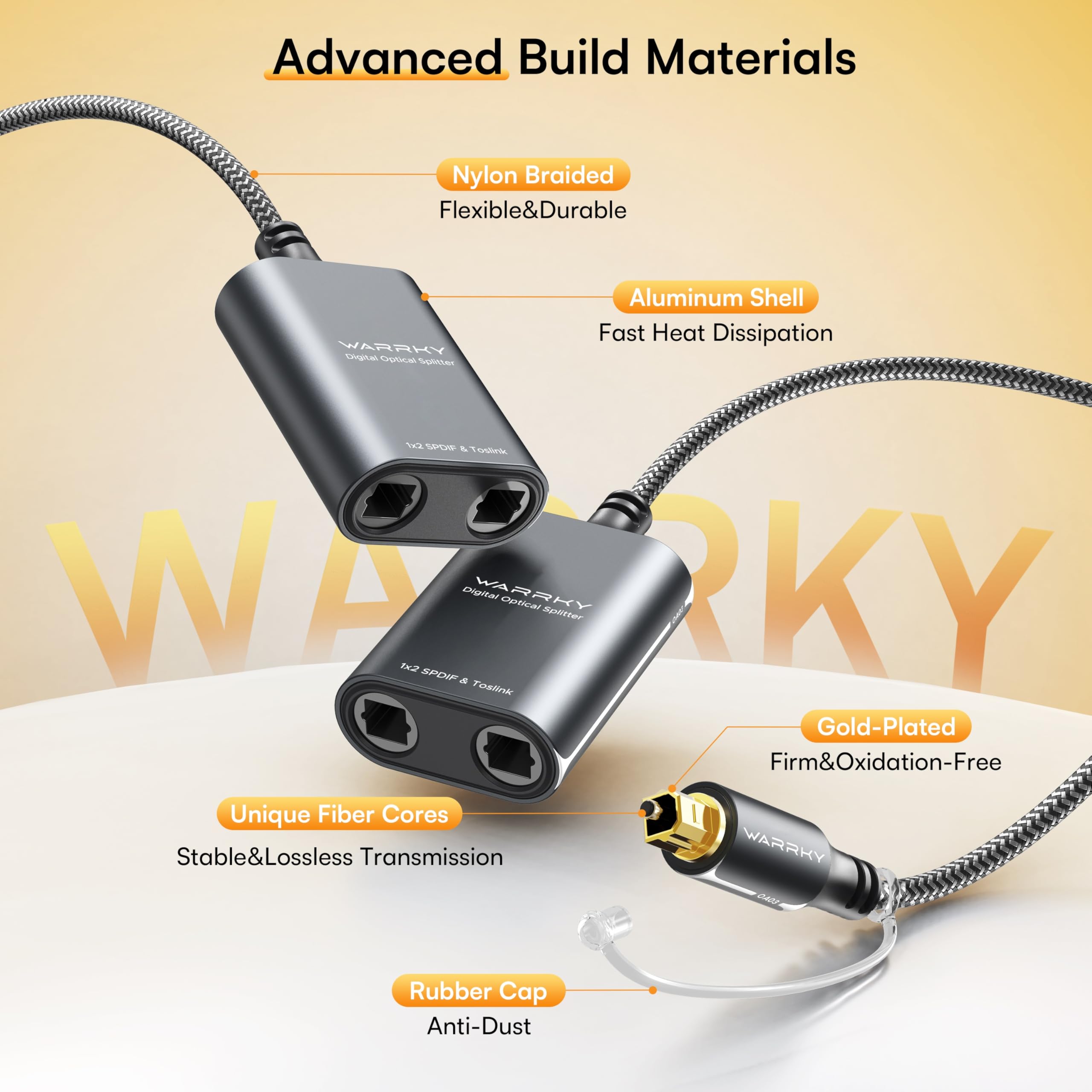 Warrky Optical Splitter, 1 In 2 Out Optical Splitter 2Ft [Aluminum Shell, Gold Plated] Toslink Splitter For Lpcm 2.0, Dolby, Dts