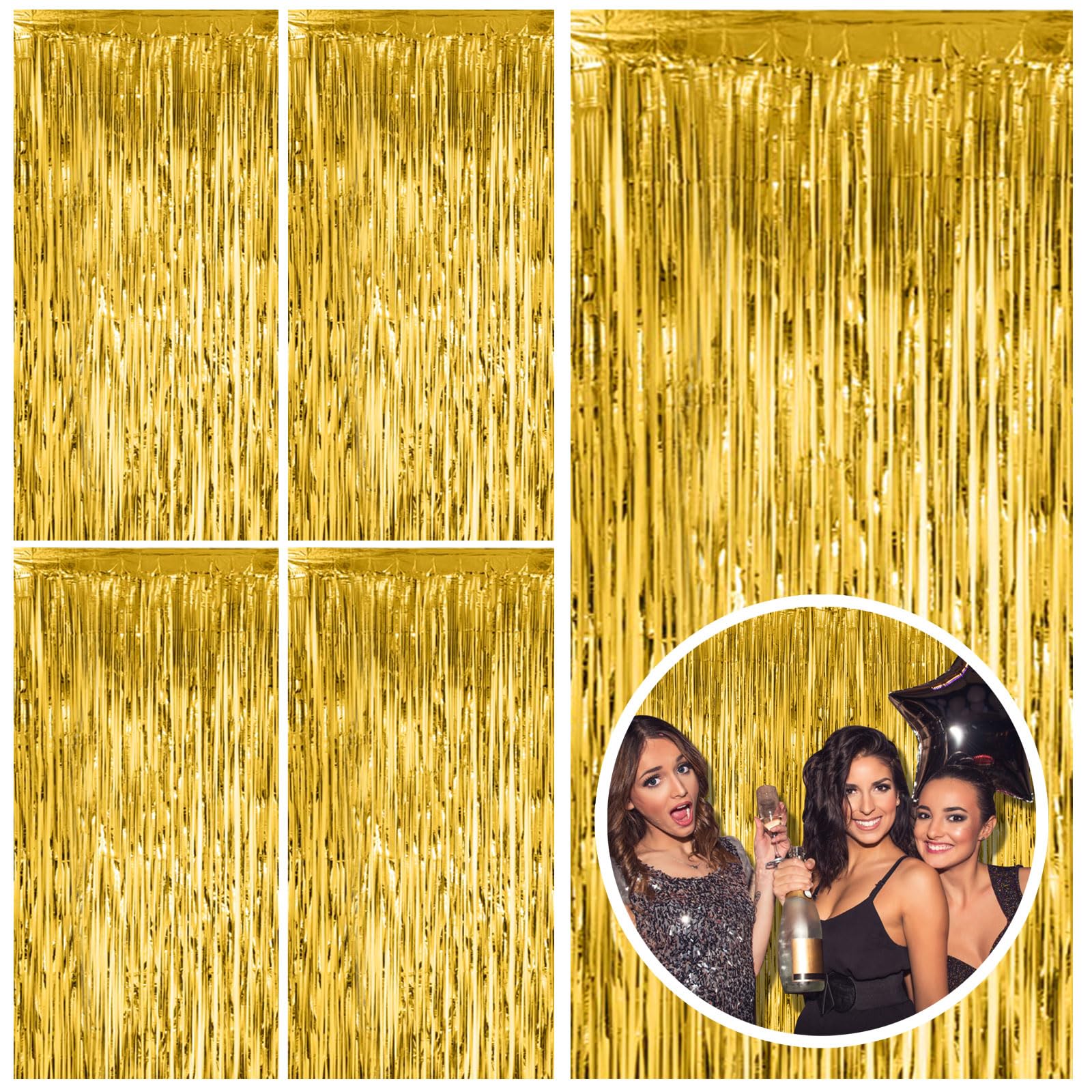 5 Pack Gold Fringe Curtain Backdrop Tinsel Streamers Birthday Party Decorations Christmas Photo Booth Backdrop Halloween New Yea