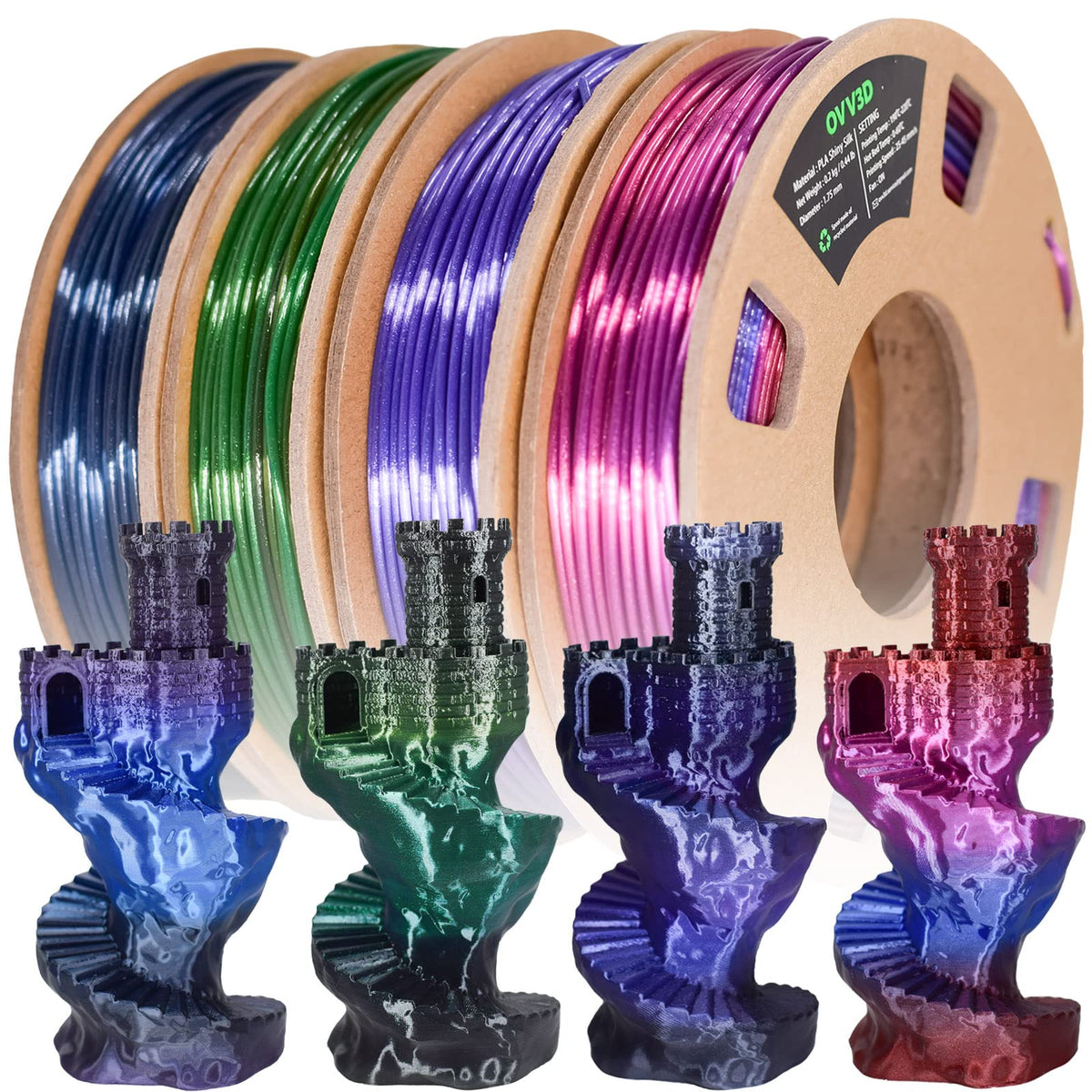 Ovv3D Rainbow Pla Filament Bundle 3D Printer Filament, Silk Pla Filament 1.75Mm, Silk Black Purple Green Blue And Red Purple Blu