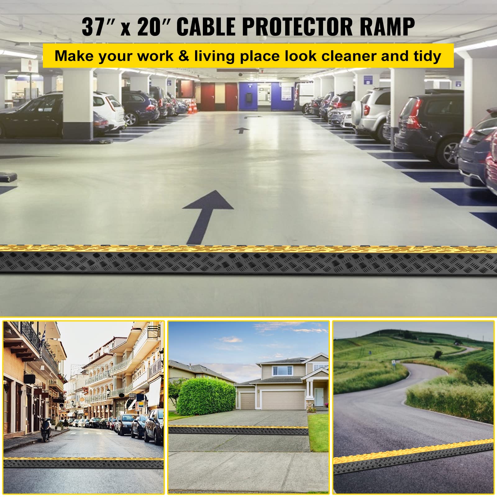 Vevor 3-Channel Rubber Cable Protector Ramps Heavy Duty 44000Lbs Load Capacity Cable Wire Floor Cord Cover Ramp Speed Bump Drive