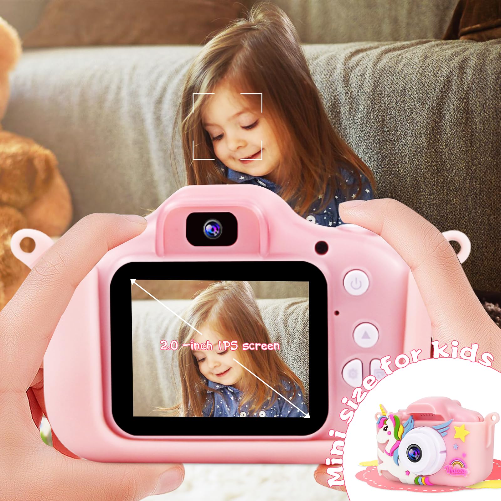 Prograce Kids Camera For Girls   Toddler Dual Camera Toys Portable Hd Kids Camera Birthday Christmas New Year Unicorn Gifts For Girls Age 3 4 5 6 7 8 32G Sd Card,Pink