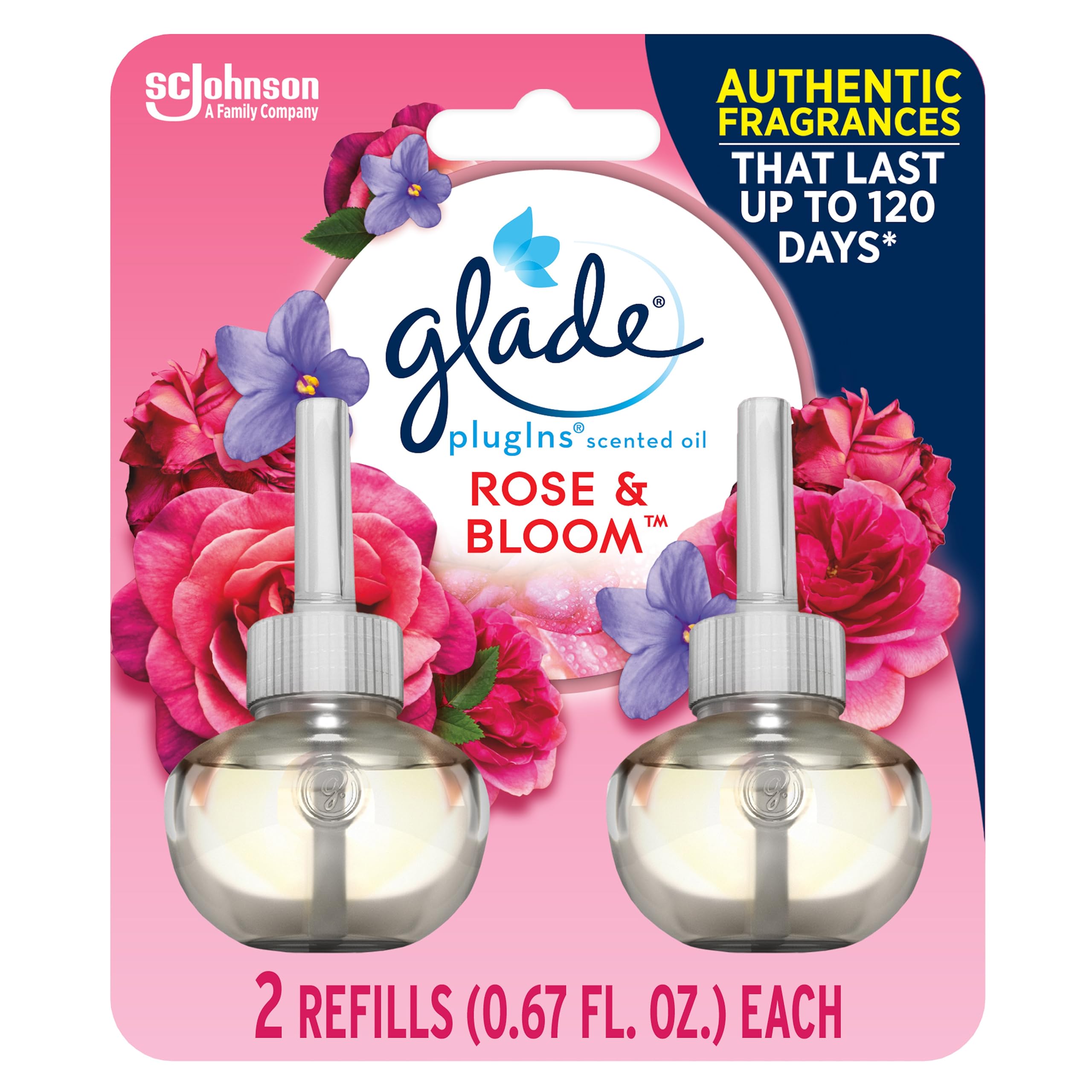 Glade Plugins Refills Air Freshener, Scented And Essential Oils For Home And Bathroom, Rose & Bloom, 1.34 Fl Oz, 2 Count