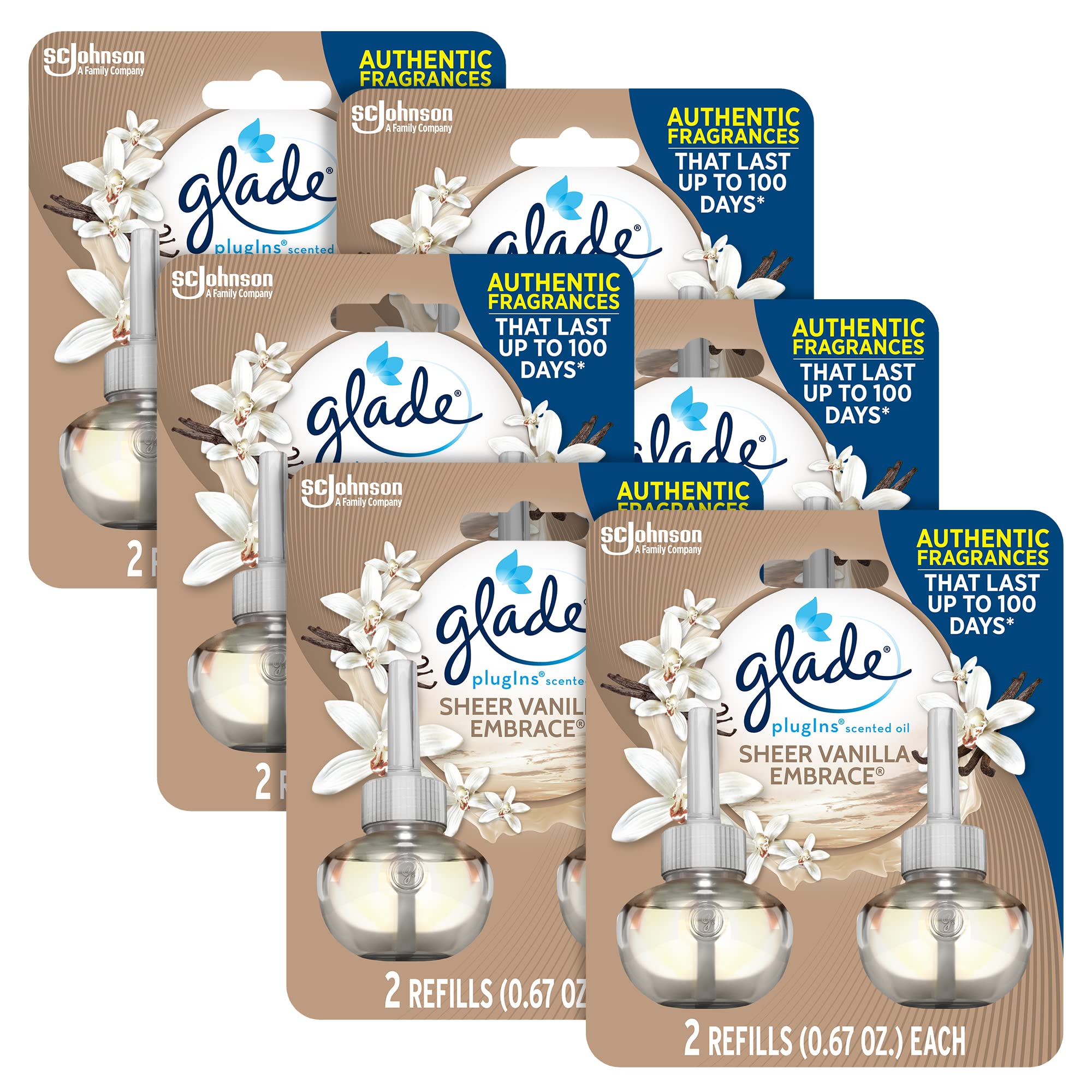 Glade Plugins Refills Air Freshener, Scented And Essential Oils For Home And Bathroom, Sheer Vanilla Embrace, 1.34 Oz, 12 Count