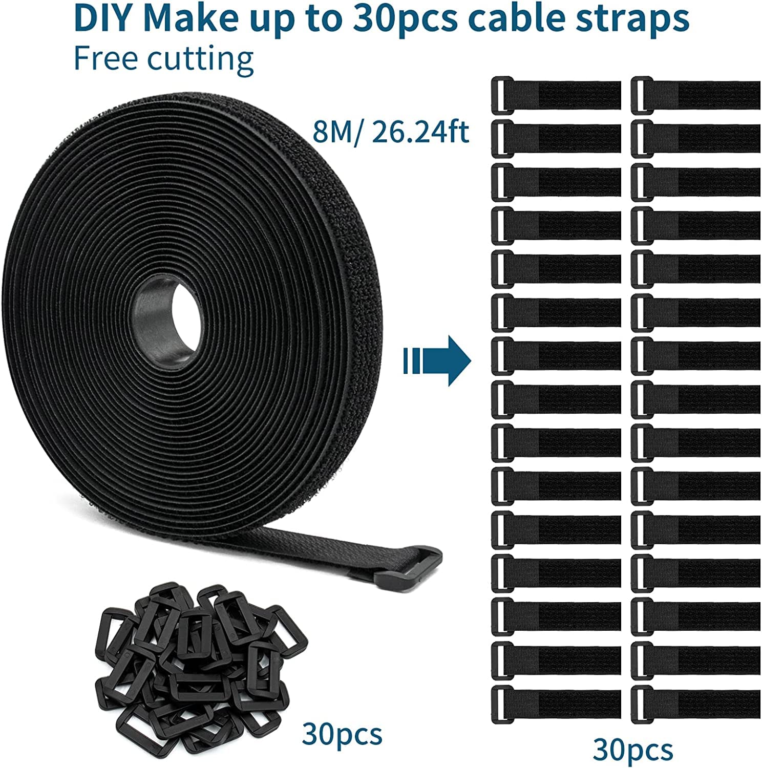 26Ft Hook And Loop Straps With 30 Buckles, Adjustable Fastening Cable Straps, Free Cut Length Cord Straps For Sewing & Cable Wir