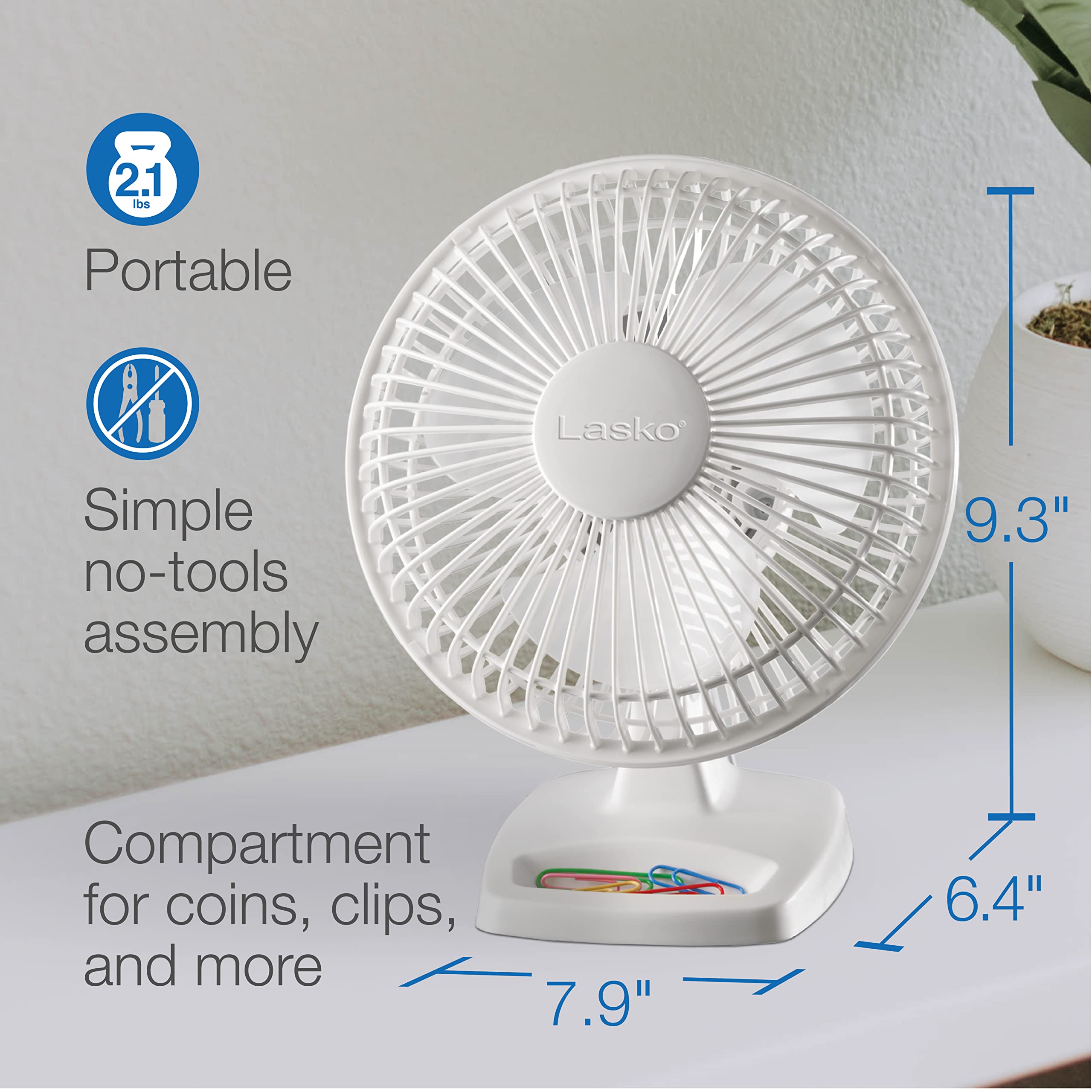 Lasko Personal Table Fan With Storage Tray, 2 Quiet Speeds, Tilt Back Fan Head For Home Office, Bedroom, 6'', White, 2002W