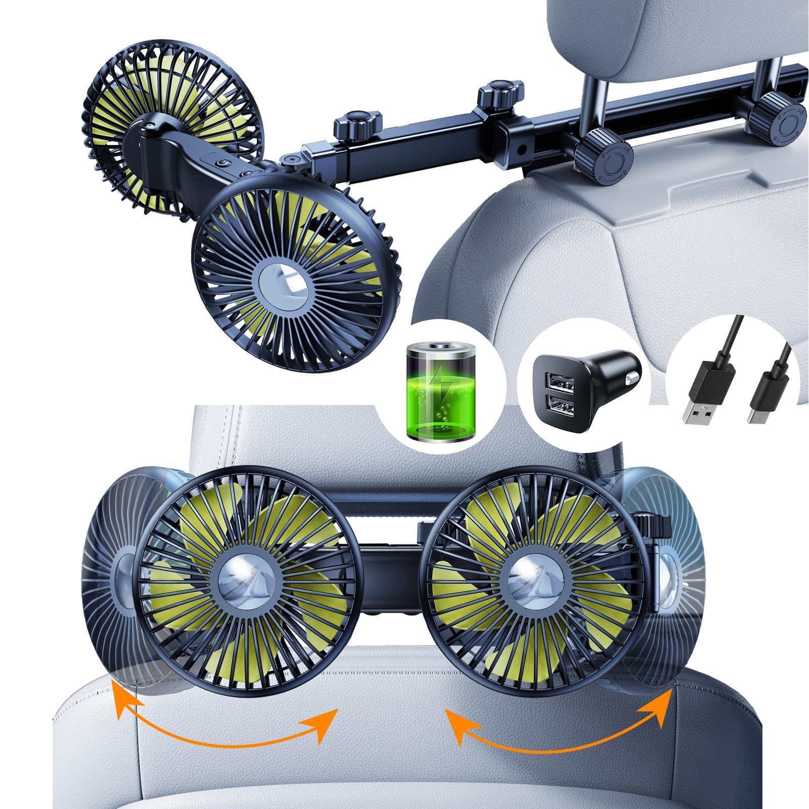 Nauttxon Battery Fan For Car Backseat With Retractable Long Arm, [Comes With Car Charger & Usb C Cable*1] 360Rotatable 3 Speeds