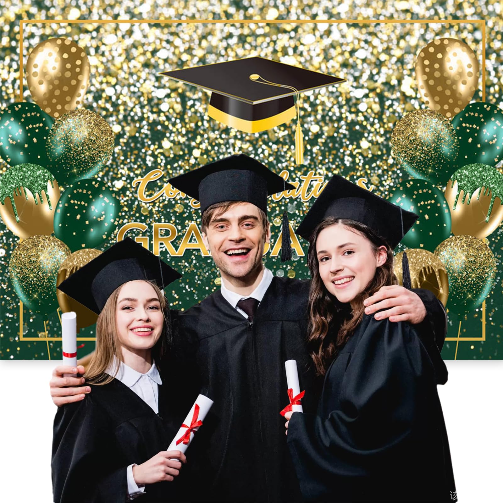 Mocsicka Graduation Backdrop 7X5Ft Green And Gold Glitter Class Of 2025 Congrats Grad Party Decorations Congratulations Graduate
