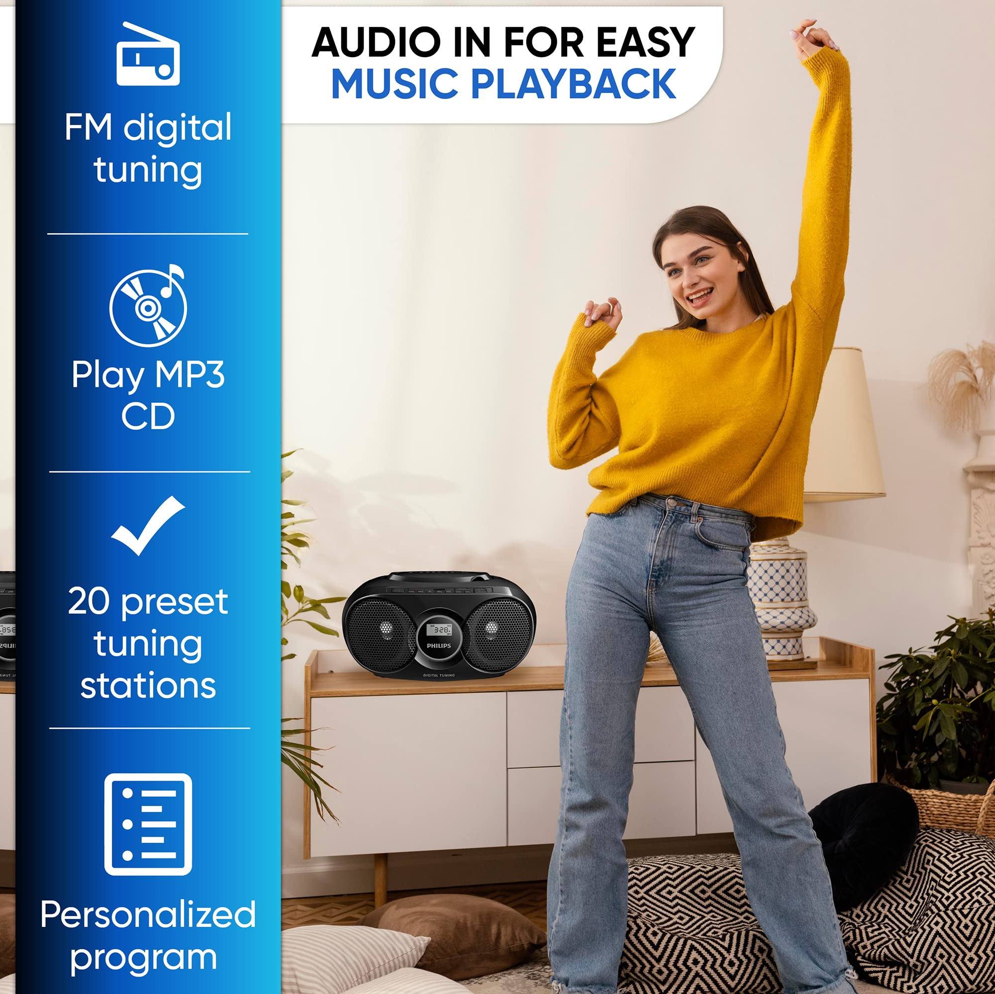 Philips Portable Cd Player Boombox, Stereo Dynamic Bass Boost Speakers, Lightweight Fm Radio Cd Player With Lcd Display, Usb Pla