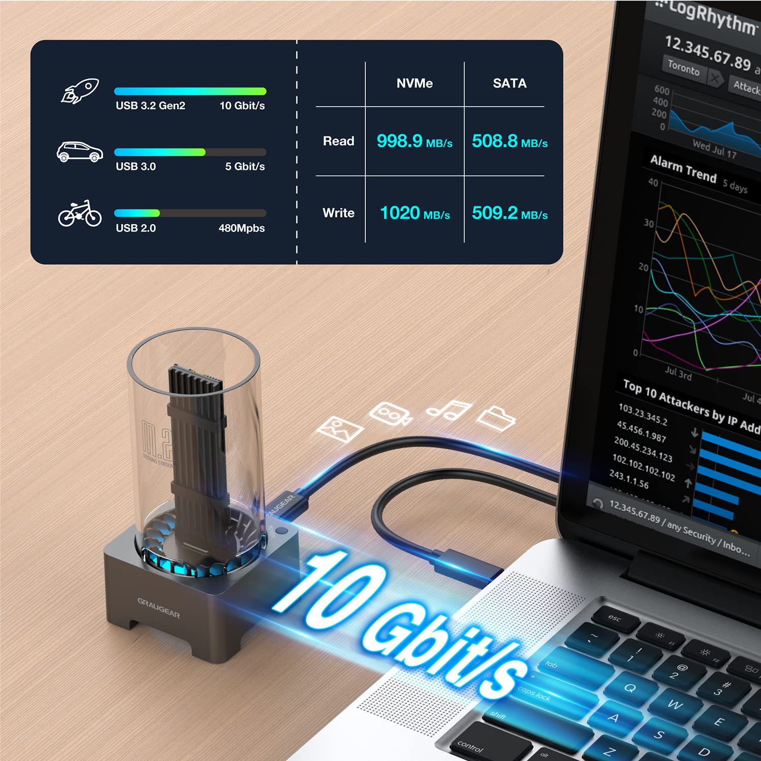 Graugear M.2 Nvme Sata Ssd Enclosure Docking Station, Usb 3.2 Gen 2 10Gbps External Docking Base With Cooling Fan, Uasp Trim Sup