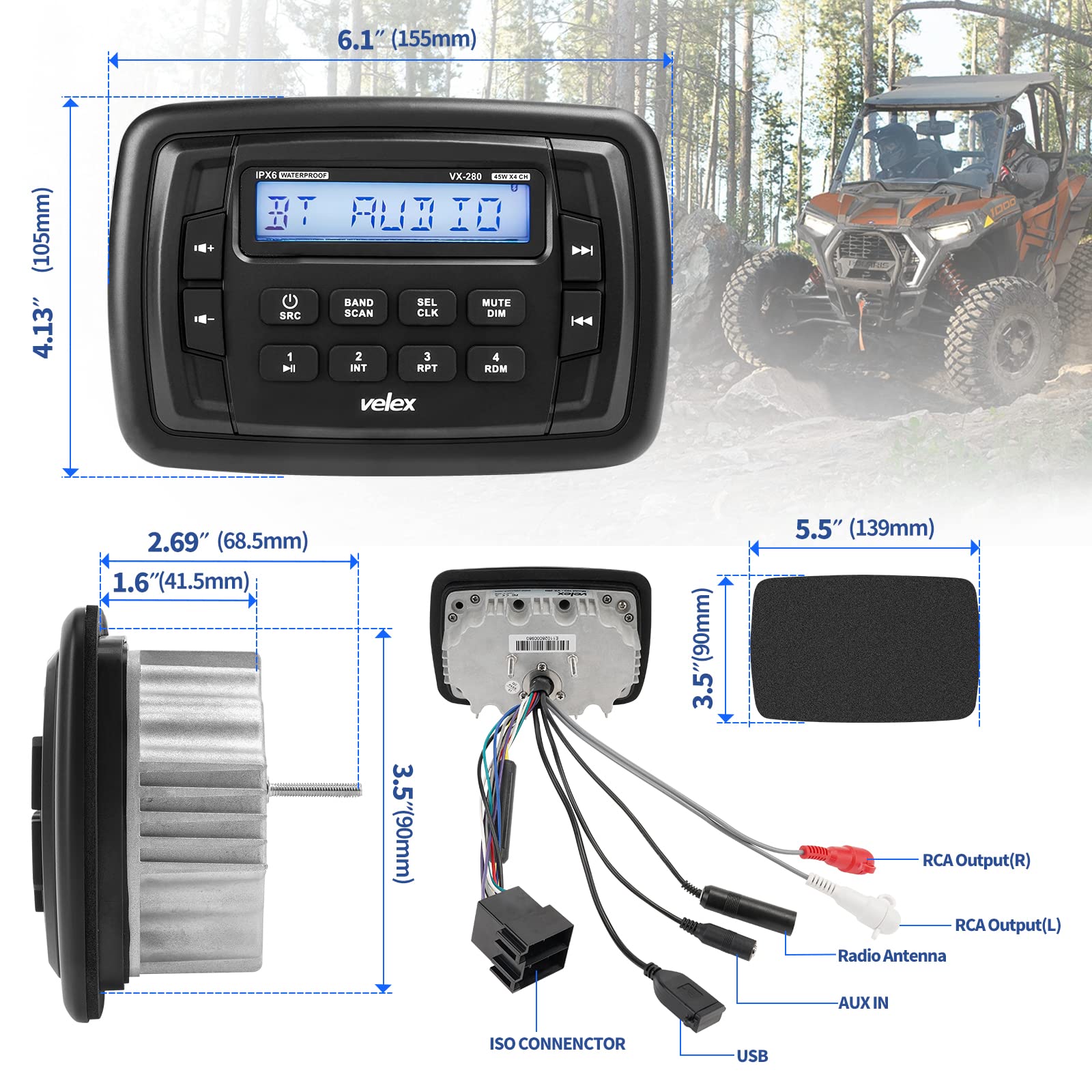 Velex Powersport Marine Stereo Radio Am Fm Tuner Stereo 4 X 45W Bluetooth Streaming Utv Atv