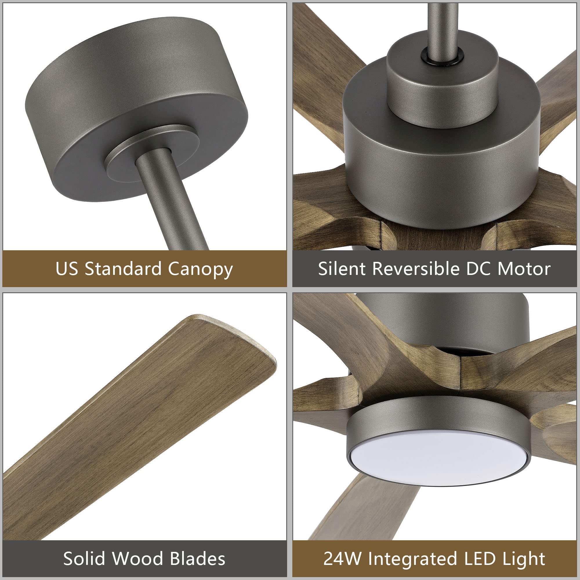 Elehinser 60'' Modern Ceiling Fan With Light And Remote Control, 5 Solid Wood Blades 6 Speed Noiseless Reversible Dc Motor, Ceil