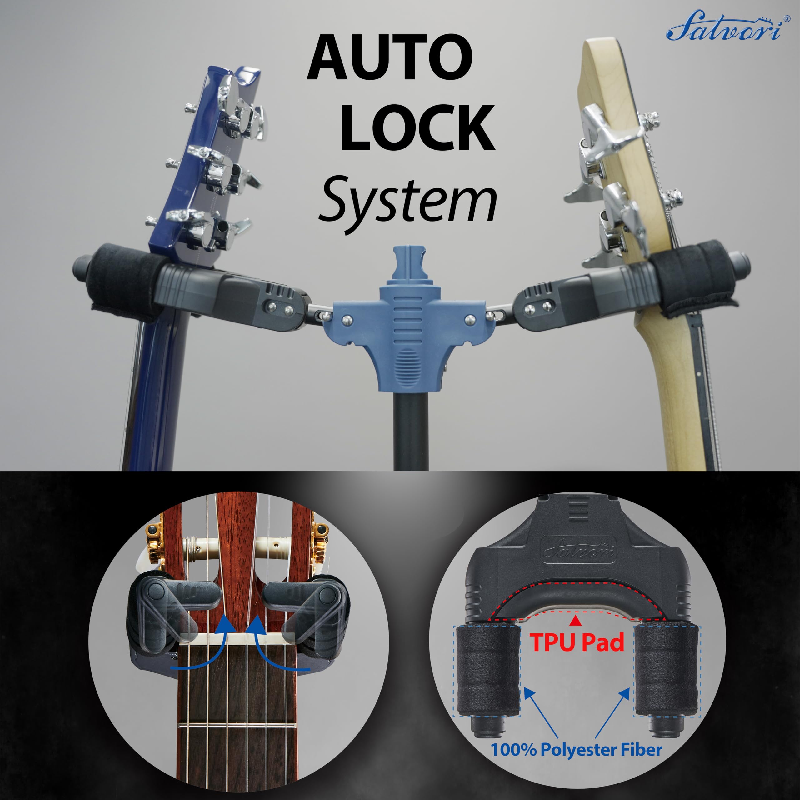 Salvori Folding Dual Guitar Stand With Auto Lock System And Soild Tripod, Double/Multiple Guitar Stand/Holder/Rack For Single Ba