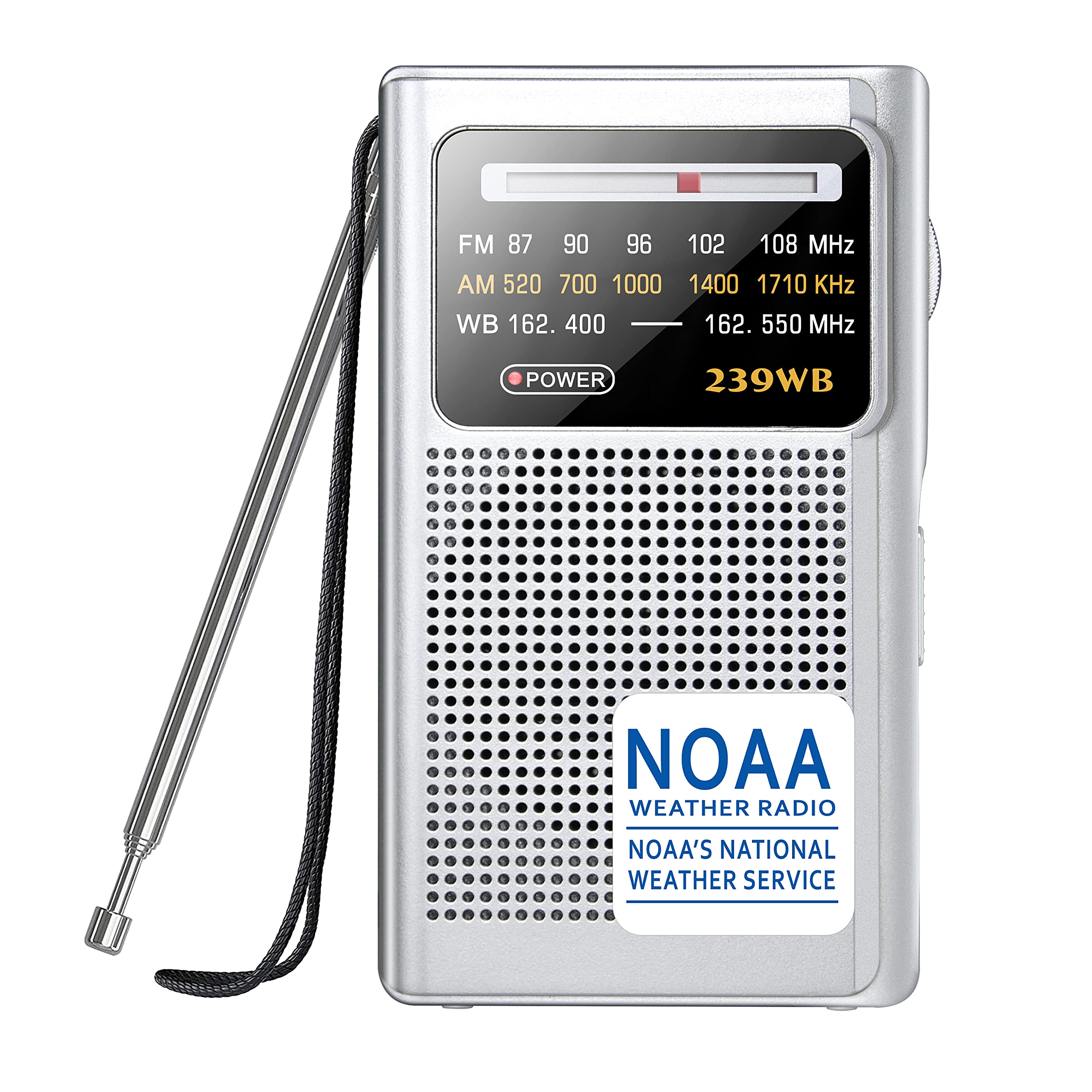 Greadio Noaa Weather Radio, Am/Fm Battery Operated Transistor Portable Radio With Best Reception,Stereo Earphone Jack,Powered By 2 Aa Battery For Emergency,Hurricane,Running, Walking,Home (Silver)