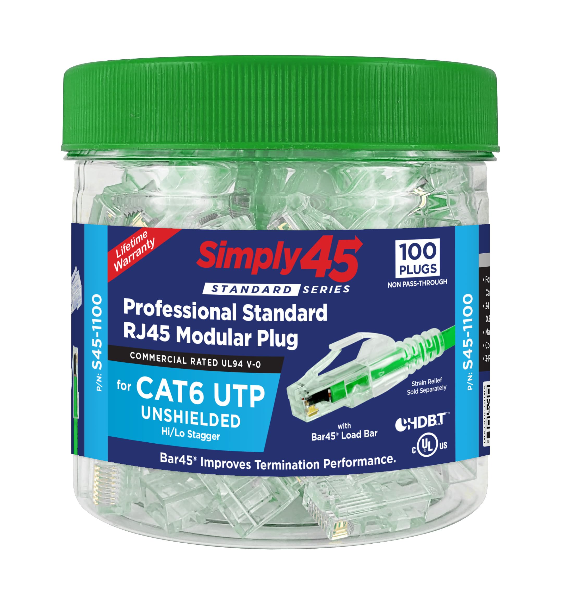 Simply45 Cat 6/6A Utp Unshielded We/Ss Rj45 Standard Modular Plug With Bar45 Load Bar For Cat6/6A   Green Tint   100 Piece Jar, 