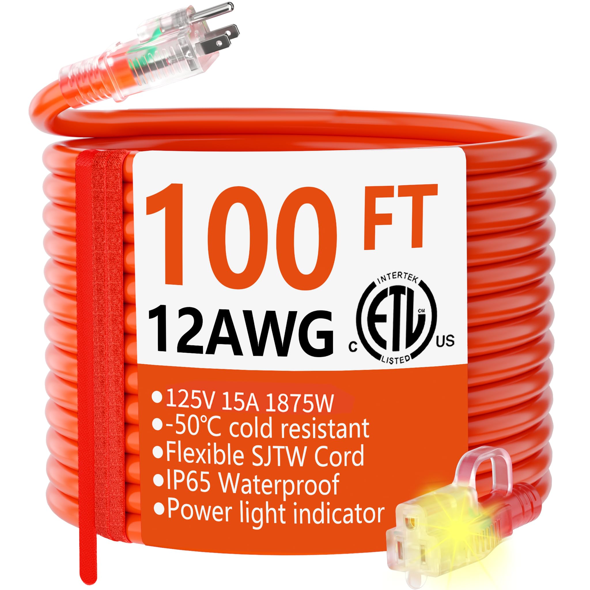 Huanchain 12/3 Gauge Heavy Duty Outdoor Extension Cord 100 Ft Waterproof With Lighted End, Flexible Cold Resistant 3 Prong Elect