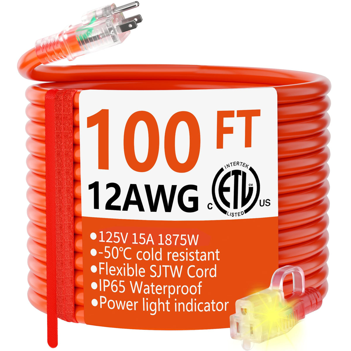 Huanchain 12/3 Gauge Heavy Duty Outdoor Extension Cord 100 Ft Waterproof With Lighted End, Flexible Cold Resistant 3 Prong Elect