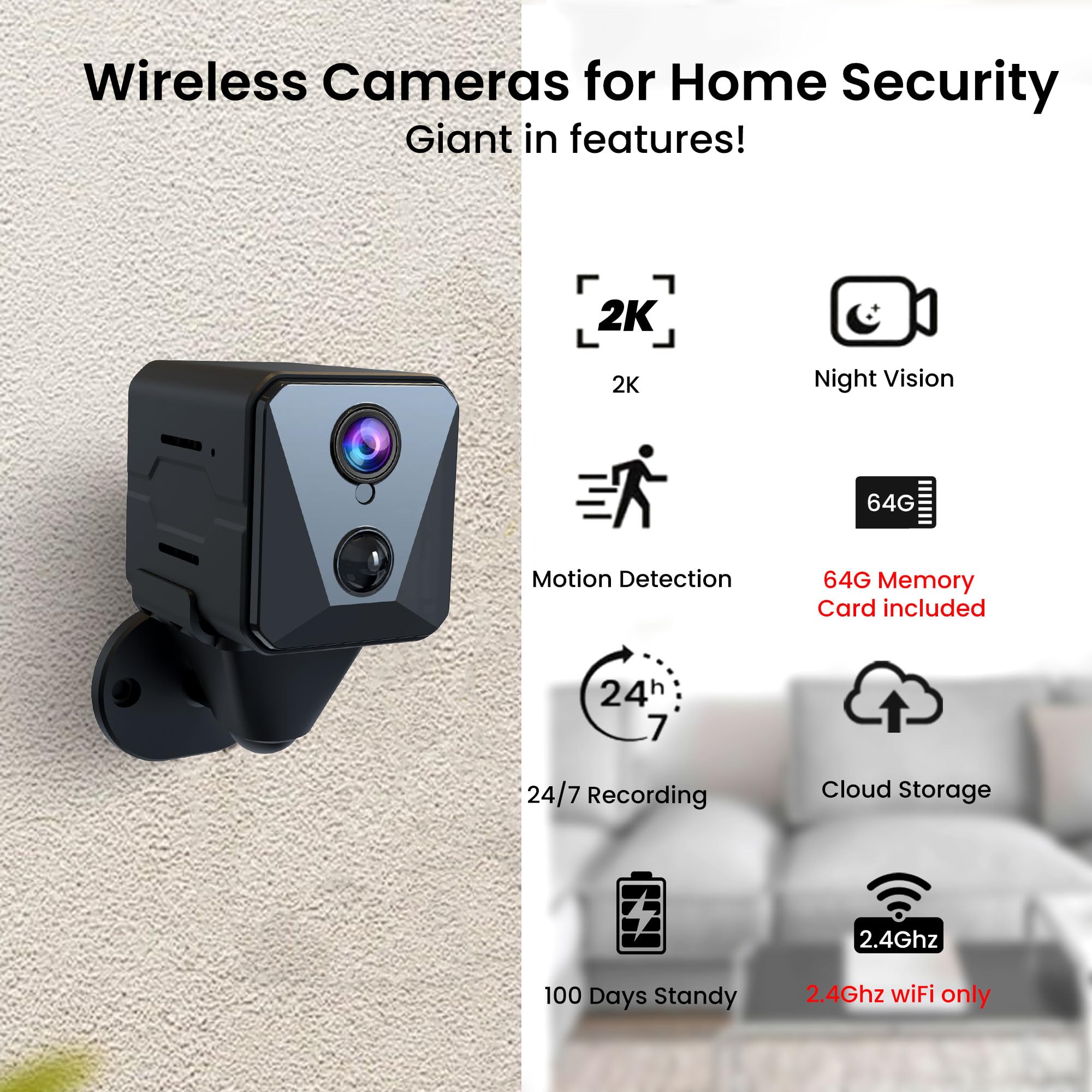 Funstorm Security Camera, 2K Wifi Indoor Camera With 64G Sd Card, 100 Days Standby Battery Life, Clear Night Vision, Ai Motion D