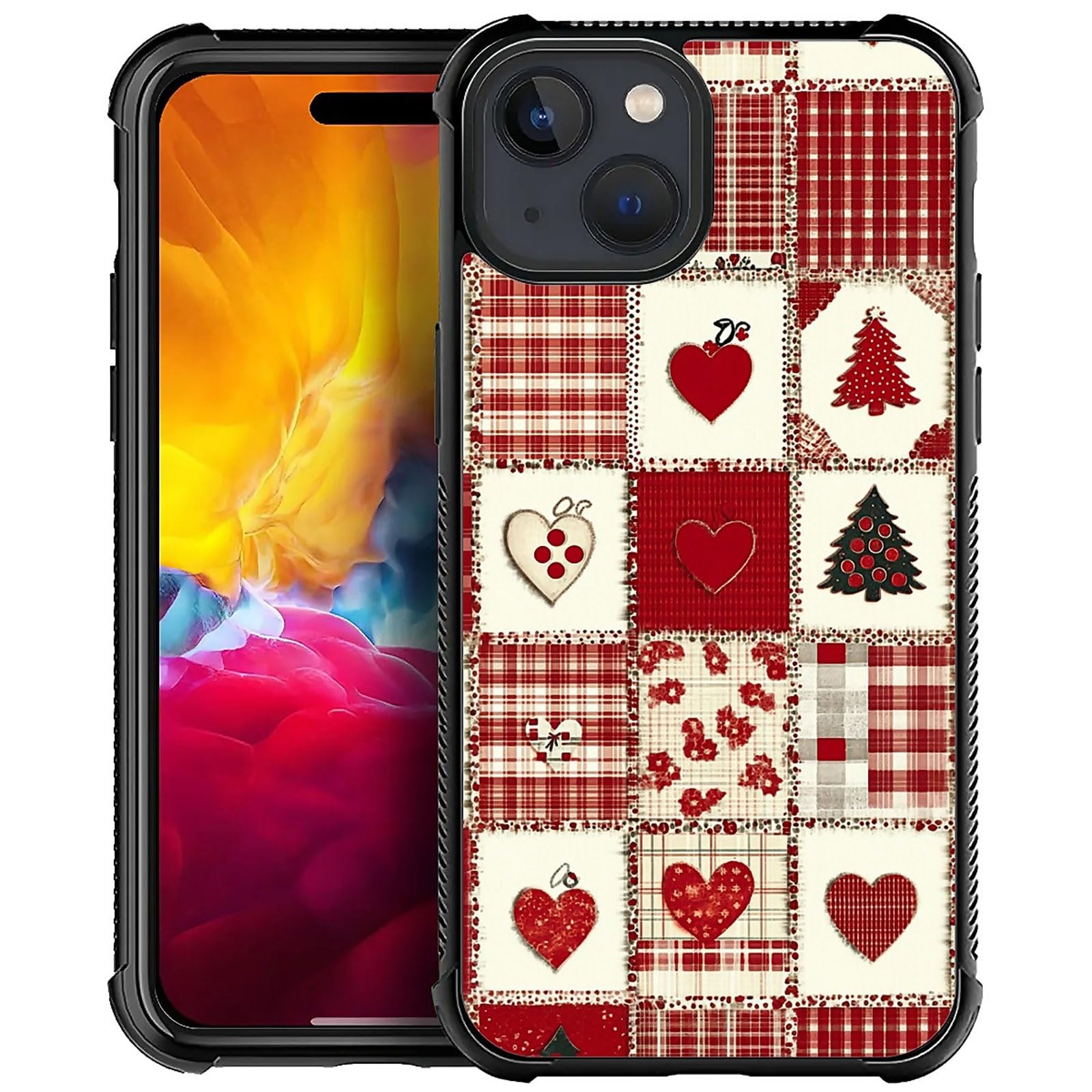 XUANWENPA for iPhone 15 Plus Case,The Black Shell Design is Bright,Anti Drop and Dust-Proof,Christmas Tree and Checkered Heart.