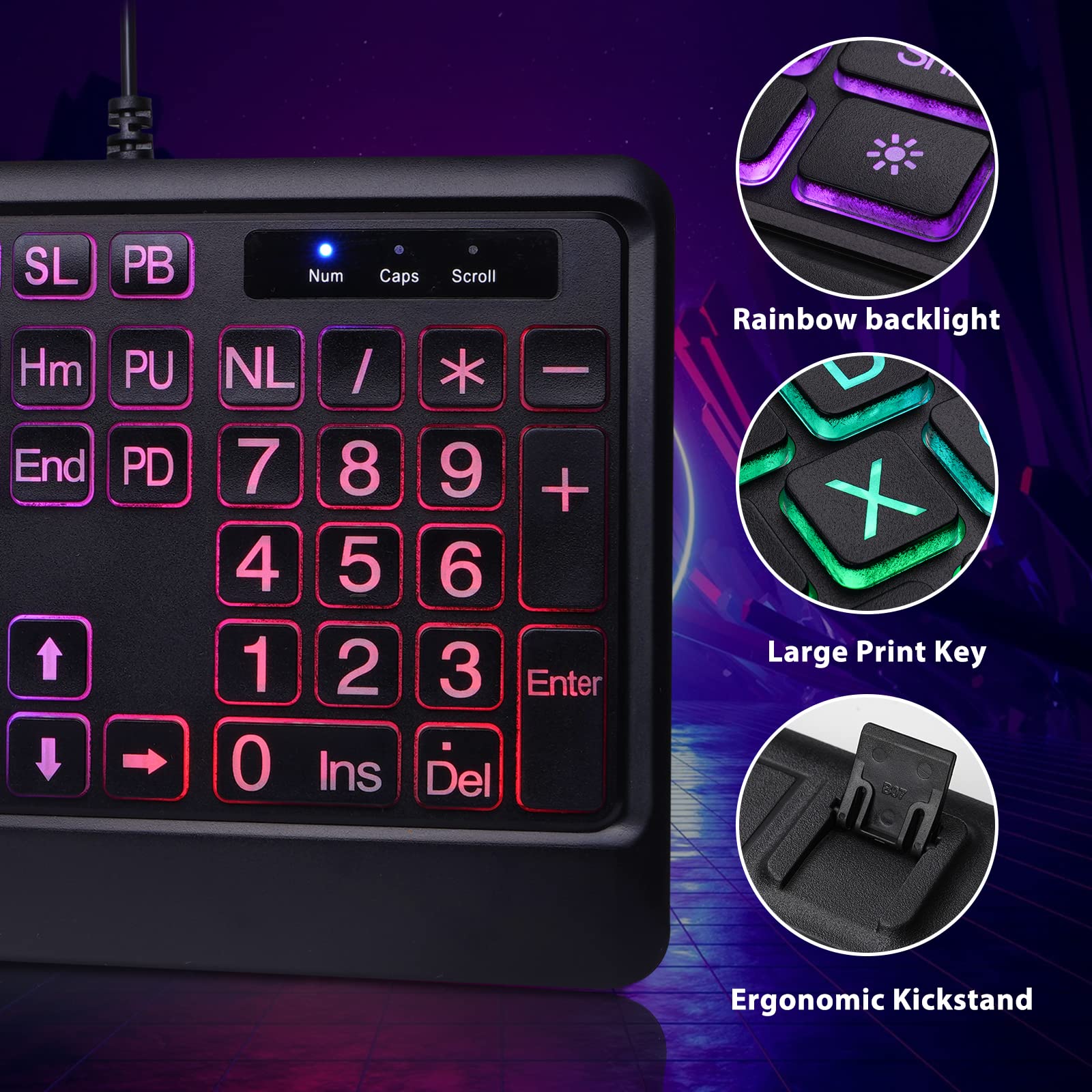 Kopjippom Backlit Wired Keyboard   Large Print Computer Keyboards With Rainbow Backlight, Silent Usb Wired Keyboard, Light Up Ke