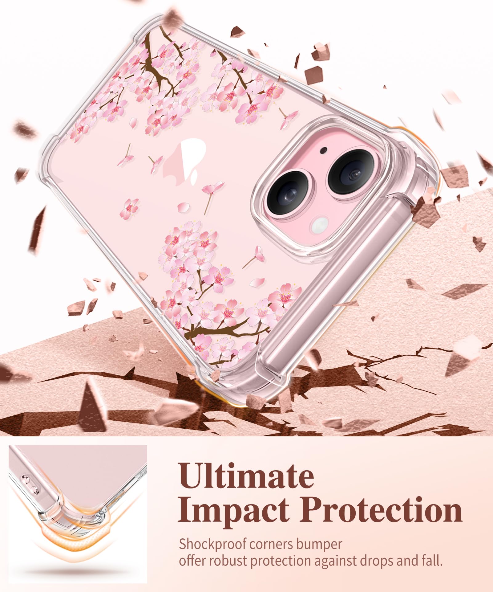 Gviewin For Iphone 15 Case, [5 In 1] With 2X Screen Protector & 2X Camera Lens Protector, Clear Soft Shockproof Slim Fit Floral