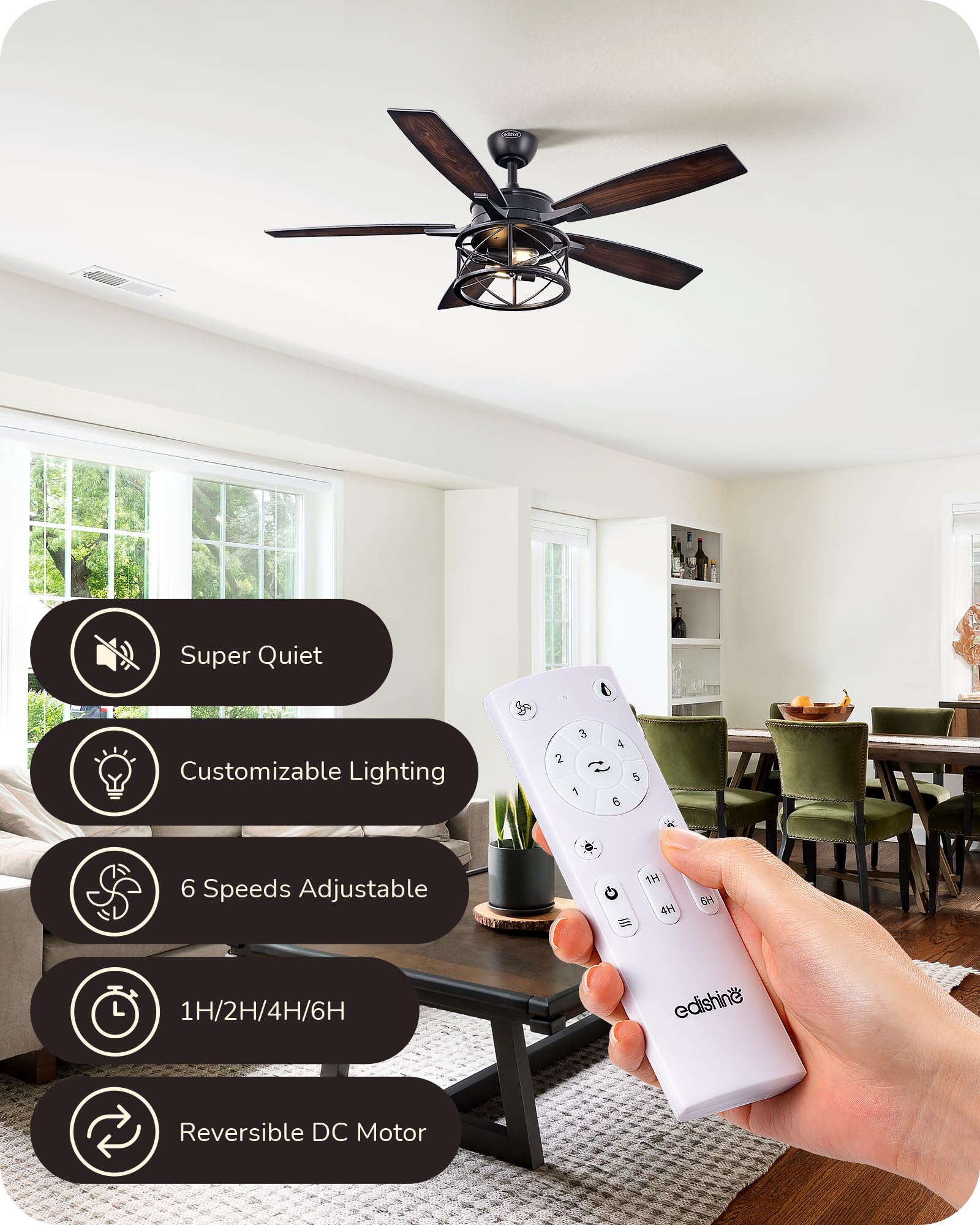 Edishine 52 Inch Farmhouse Ceiling Fans With Lights, Rustic Ceiling Fan With Light And Remote, 5 Wooden Blades Lighting & Ceilin