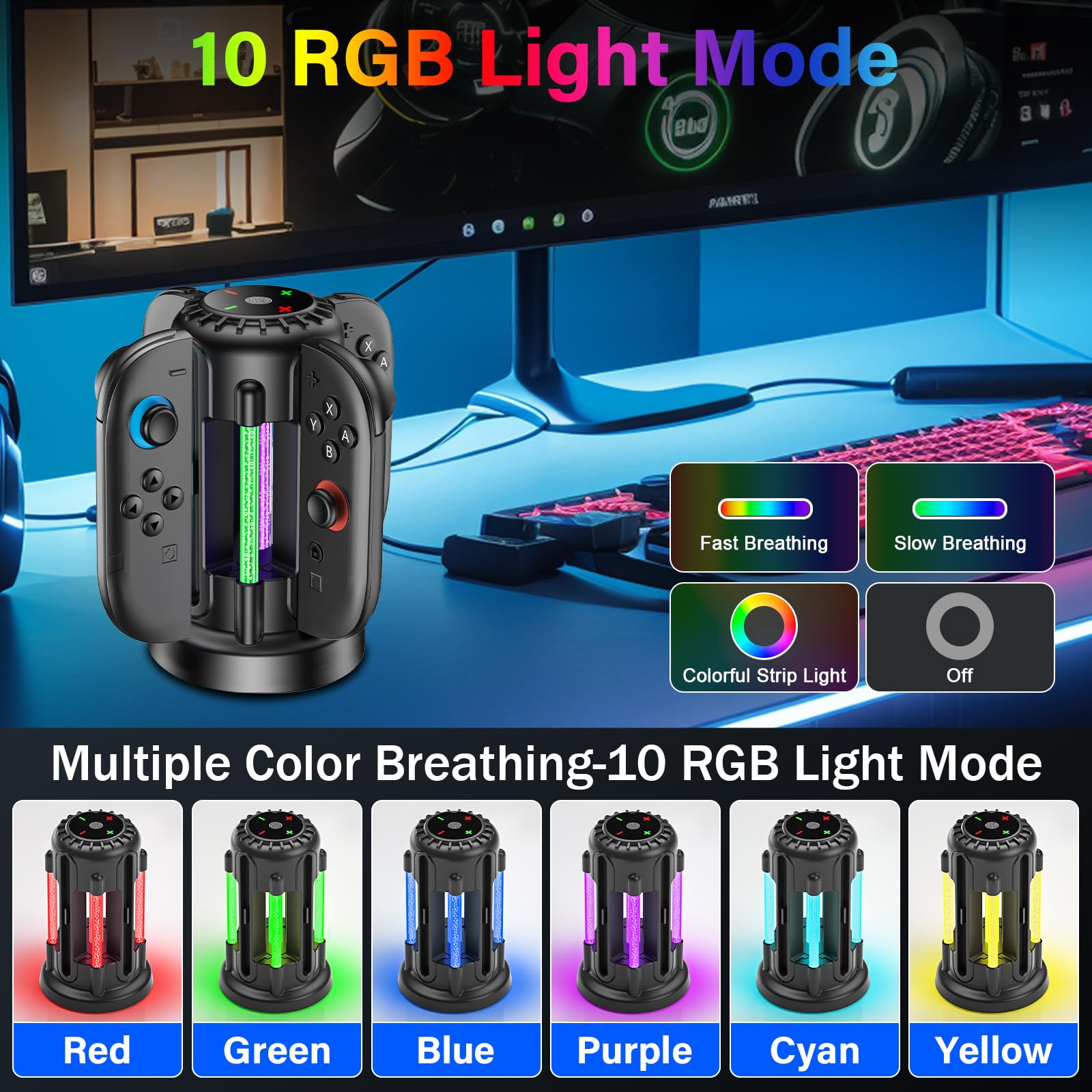 Charging-Dock-For-Nintendo-Switch-2-Joycon(2025), Switch 2 Charger Station With 10 Led Light, Joycon Charger With Magnetic, Fast