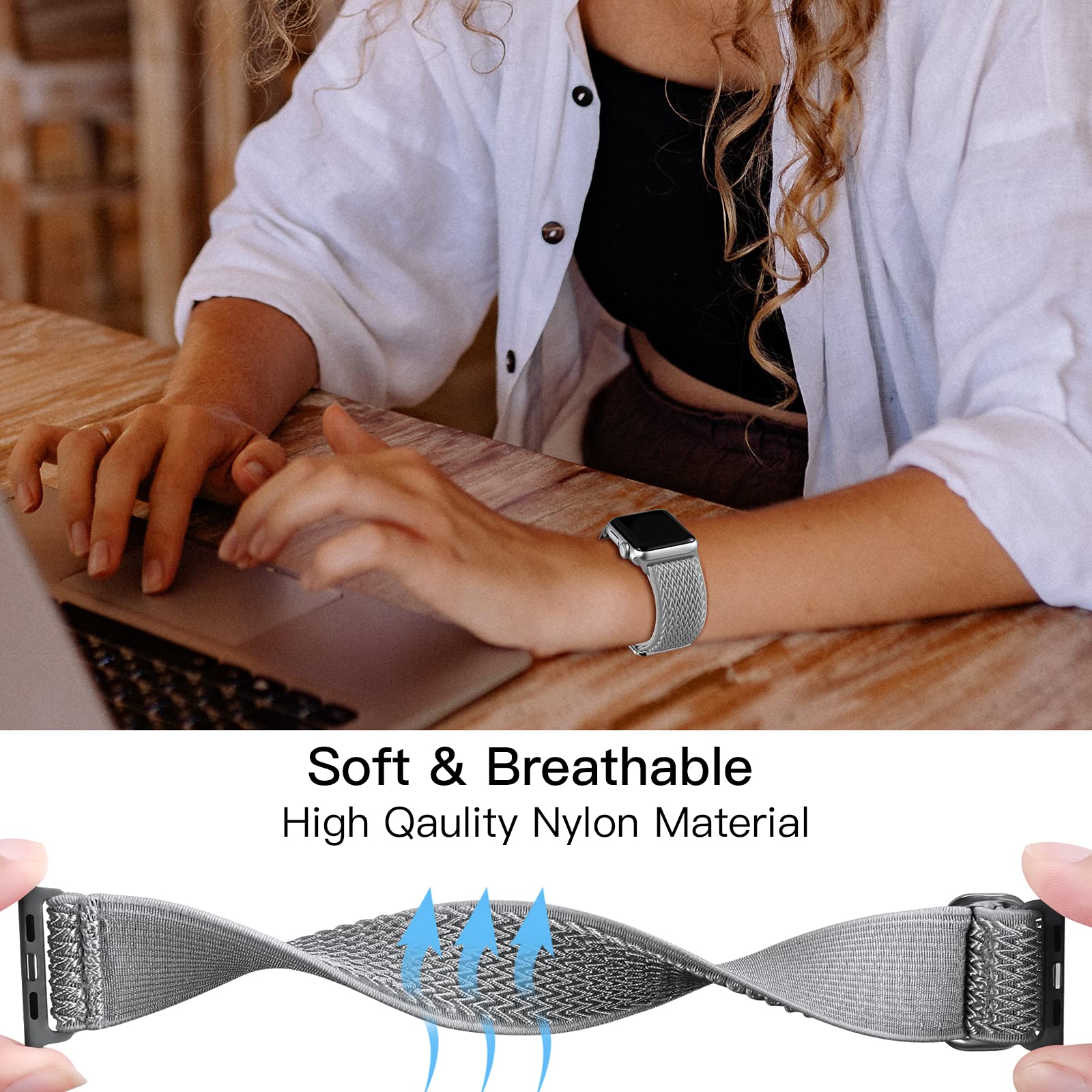 Lerobo Compatible With Apple Watch Band Series 8 41Mm 40Mm 38Mm 45Mm 42Mm 44Mm For Women Men,Soft Adjustable Braided Stretchy Solo Loop Nylon Bands Compatible For Apple Watch Ultra 2 Se Iwatch Series 9 8 7,Series 6 5 4 3 2 1 Gray