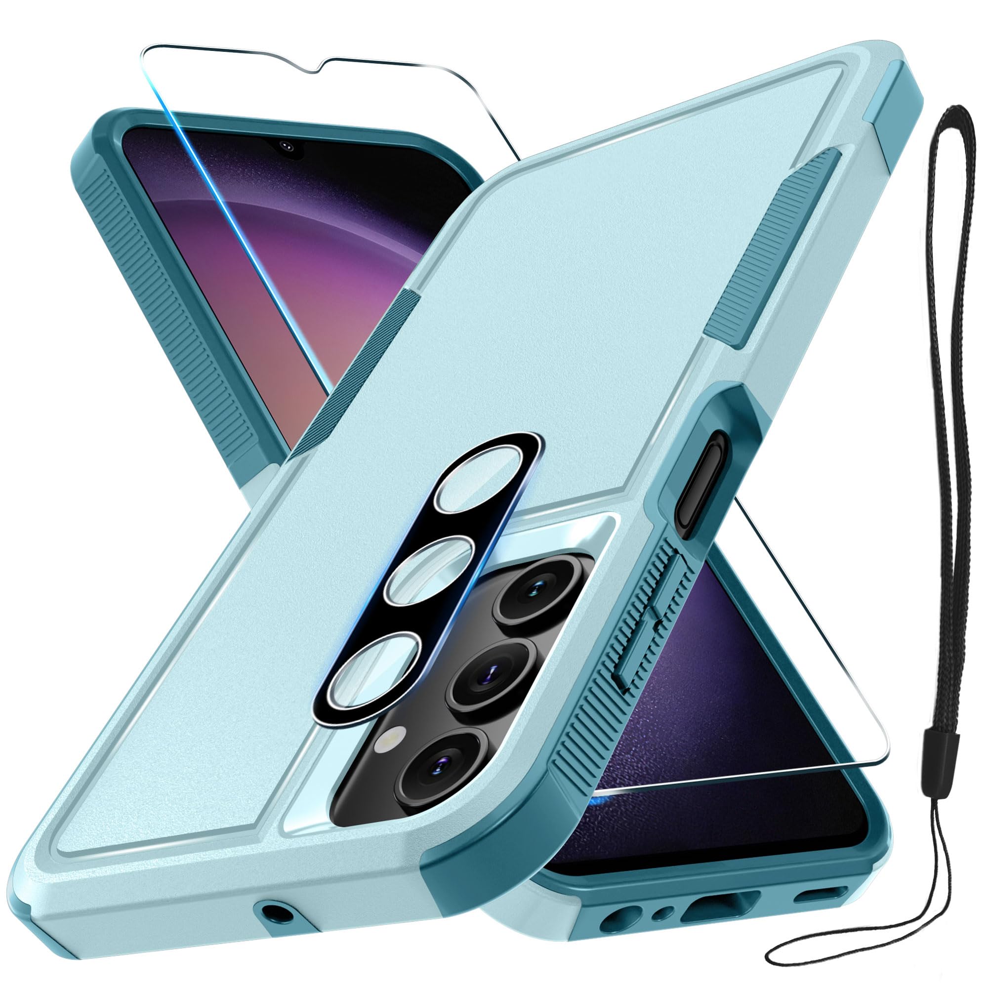 For Samsung Galaxy A15 5G Case, Full Body Heavy Duty Rugged Shockproof Protective Phone Cover With Lanyard Strap, Tempered Glass