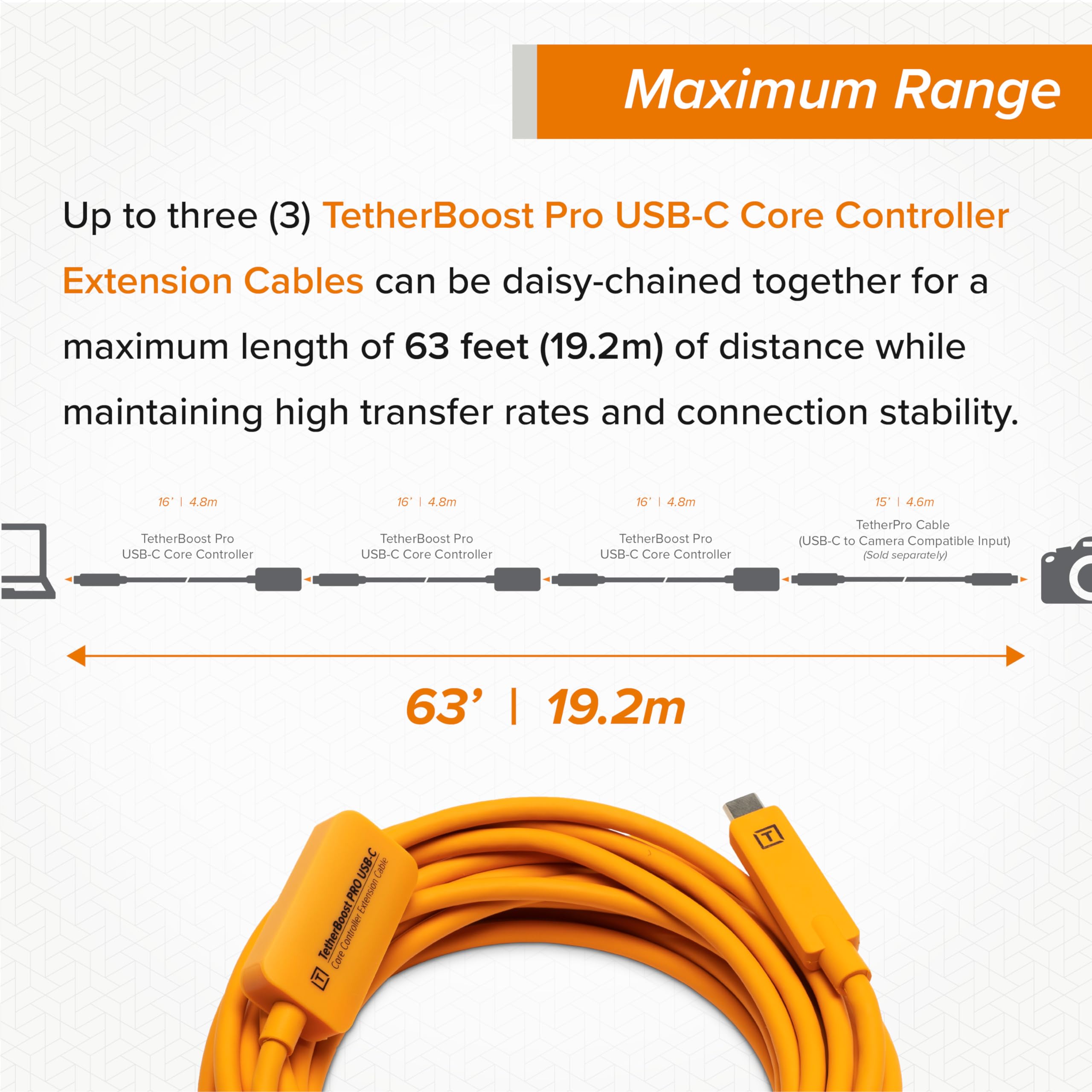 Tetherboost Pro Usb-C Core Controller Extension Cable, High-Visibility Orange, 10G Gen 2