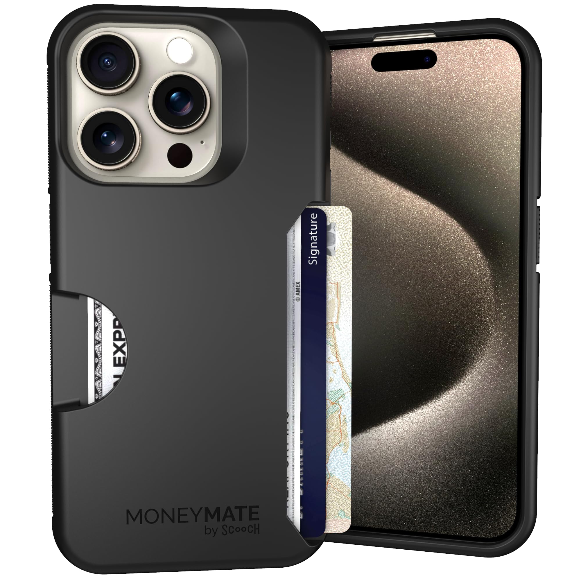 Scooch for iPhone 15 Pro Case with Card Holder, Moneymate Wallet Case with Hidden Card Slot and Protection for 4 Cards, 10-Foot 