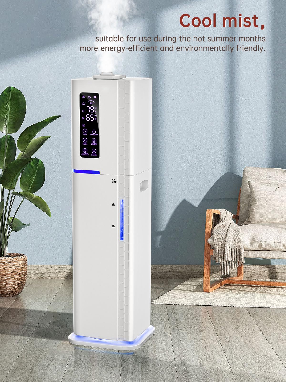 2.64Gal Humidifiers For Bedroom Large Room, Warm And Cool Mist Up To 500Ft, Top Fill Diffuser Ambient Light, 3 Mist Modes, 24H T