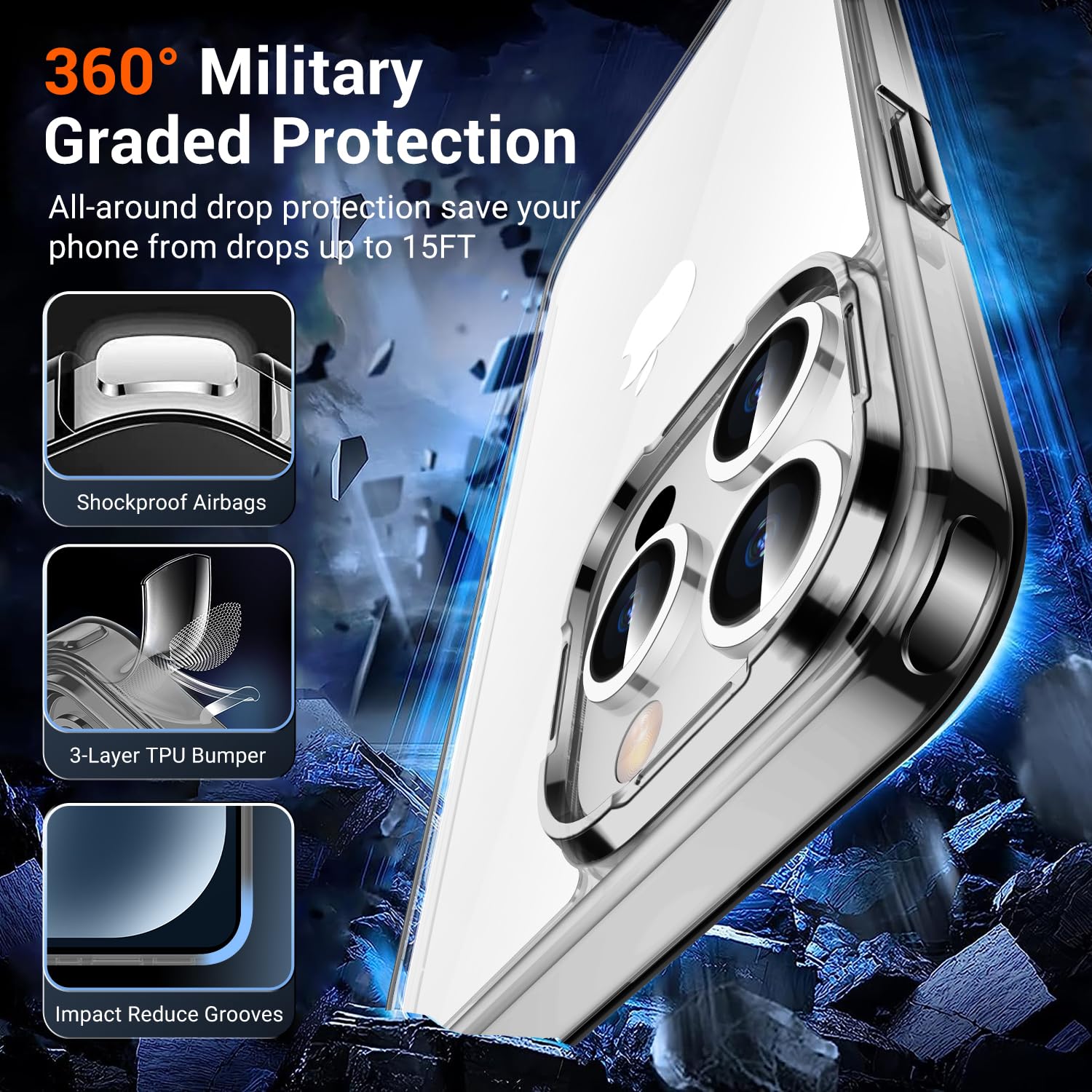 Temdan Designed For Iphone 15 Pro Case Clear,[Anti Yellowing][10Ft Military Grade Drop Protection][Anti Scratch] Slim Fit Yet Pr