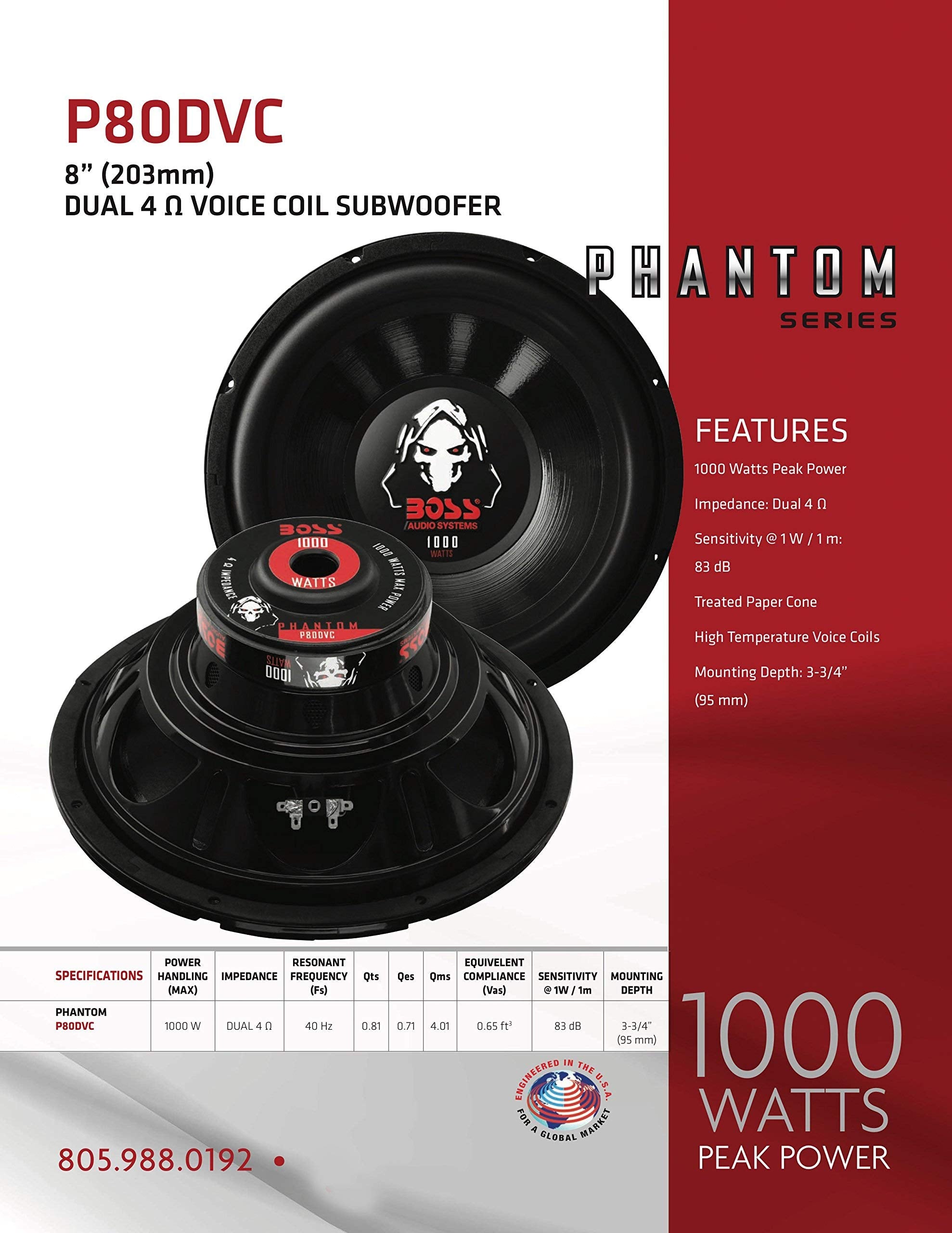Boss Audio Systems P80Dvc 1000 Watt, 8 Inch, Dual 4 Ohm Voice Coil Car Subwoofer