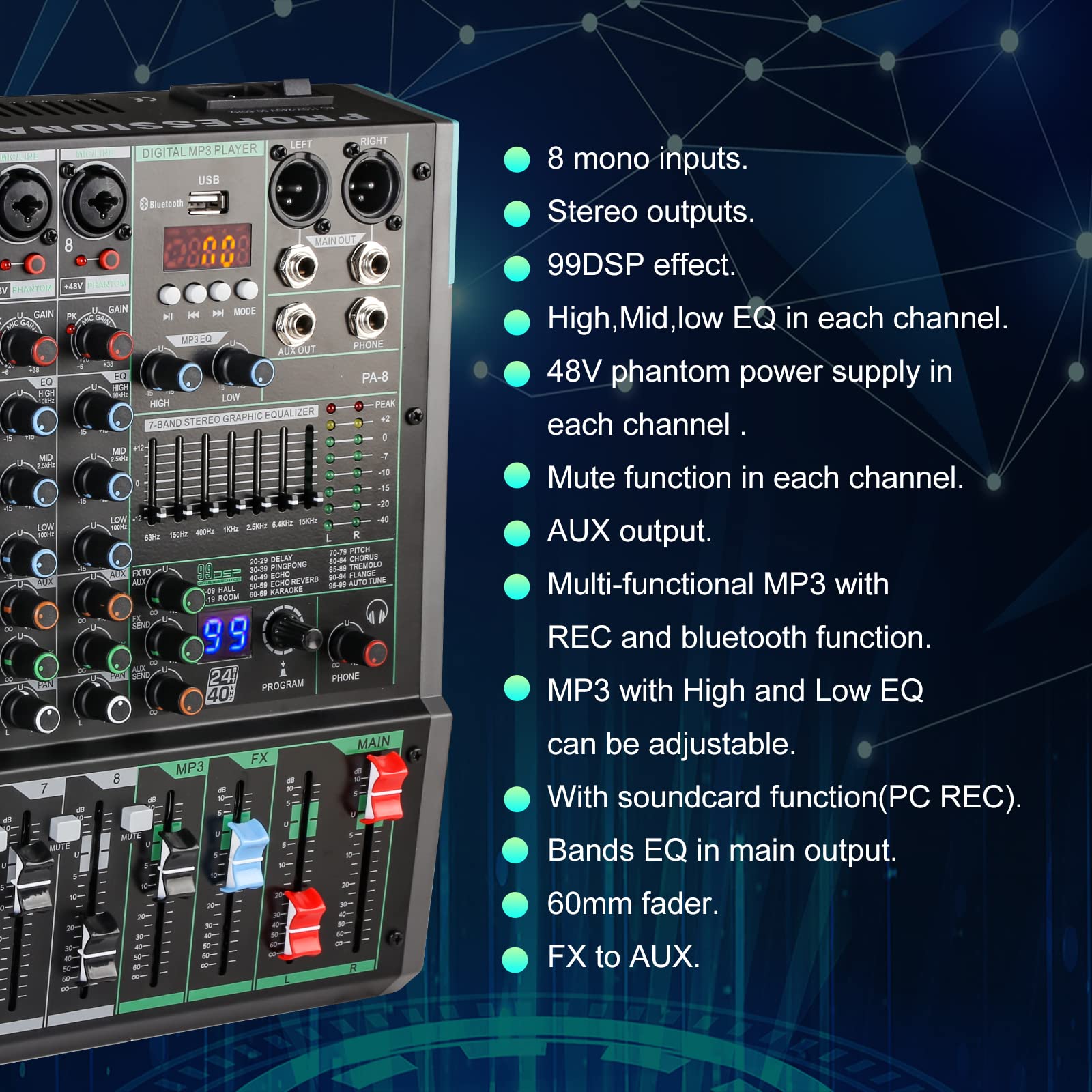 MAD OWL 8 Channel DJ Mixer Board - Professional Digital Audio Mixer with 99 DSP Effects, USB Sound Card for Music Production & Streaming