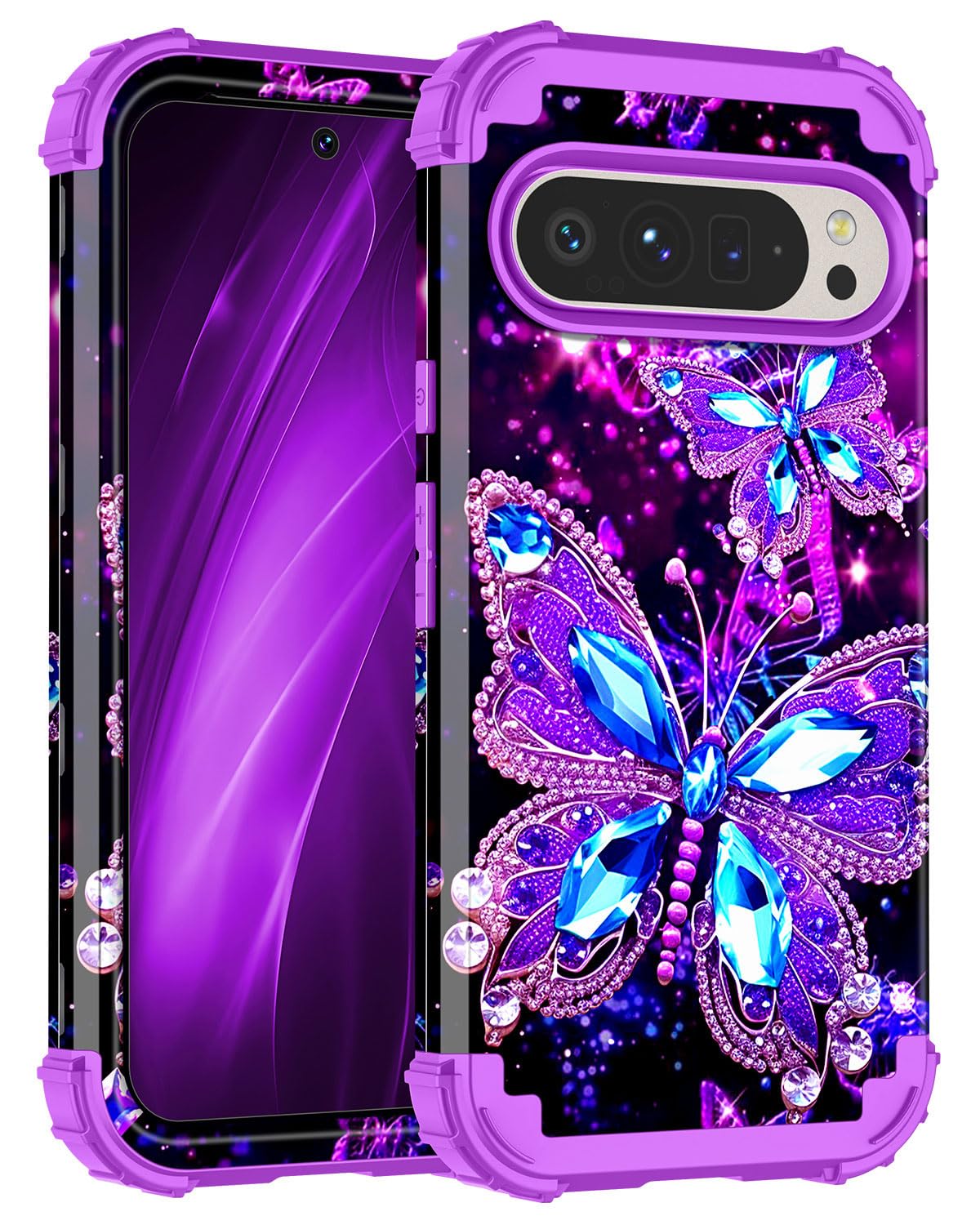 Miqala for Google Pixel 9 Pro XL Case,Glow in The Dark Three Layer Heavy Duty Shockproof Full Body Protection Hard Plastic Bumpe