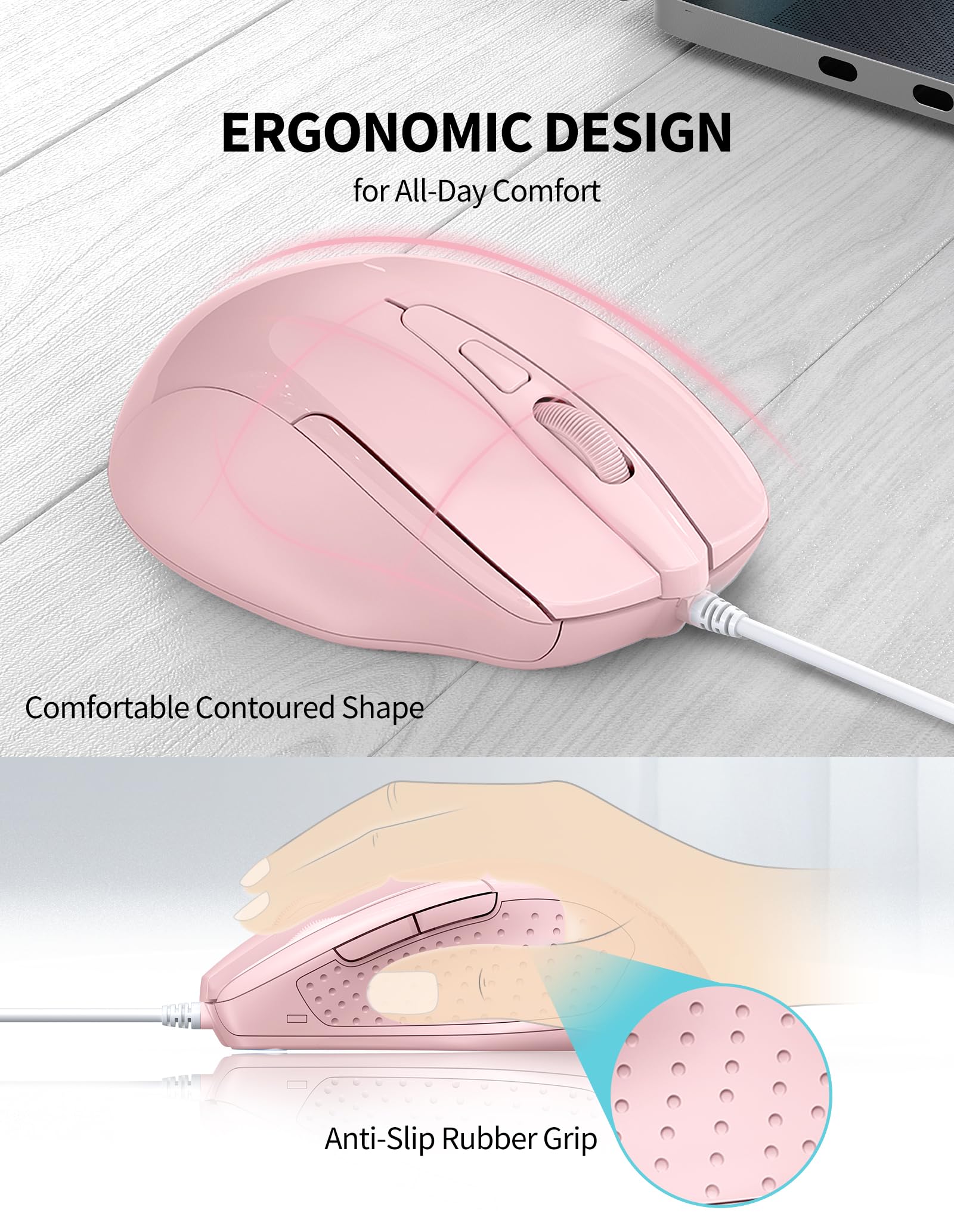 Tecknet Usb Wired Mouse, 6 Button Corded Mouse With 4 Adjustable Dpi, Optical Computer Mouse With Ergonomic Design And 5Ft Cord For Laptop, Chromebook, Pc, Desktop, Mac, Notebook   Pink