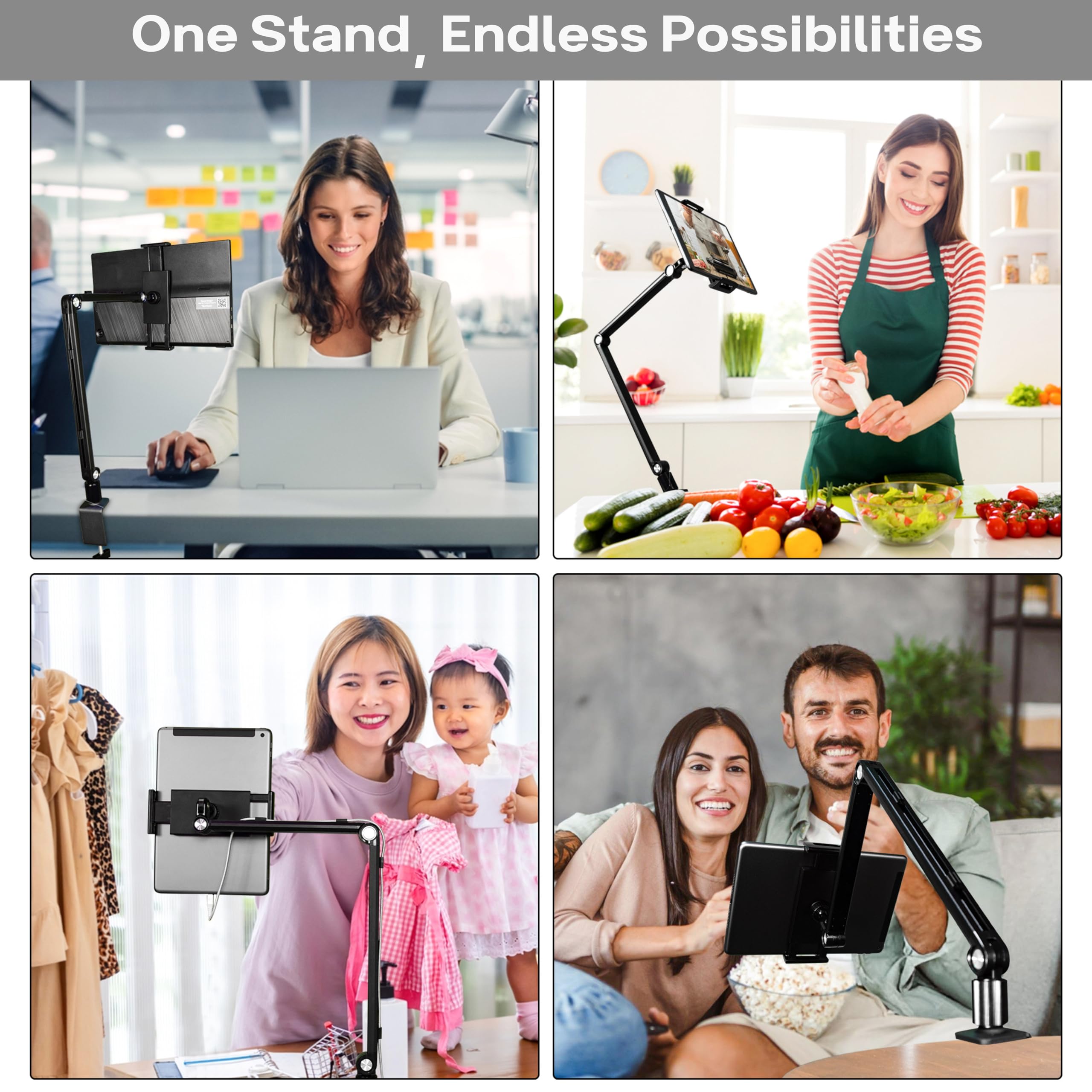 Fortihold Aluminum Phone And Tablet Stand - Adjustable 360 Rotation, Cable Management, Stable Base, White - 16'' Portable Monito