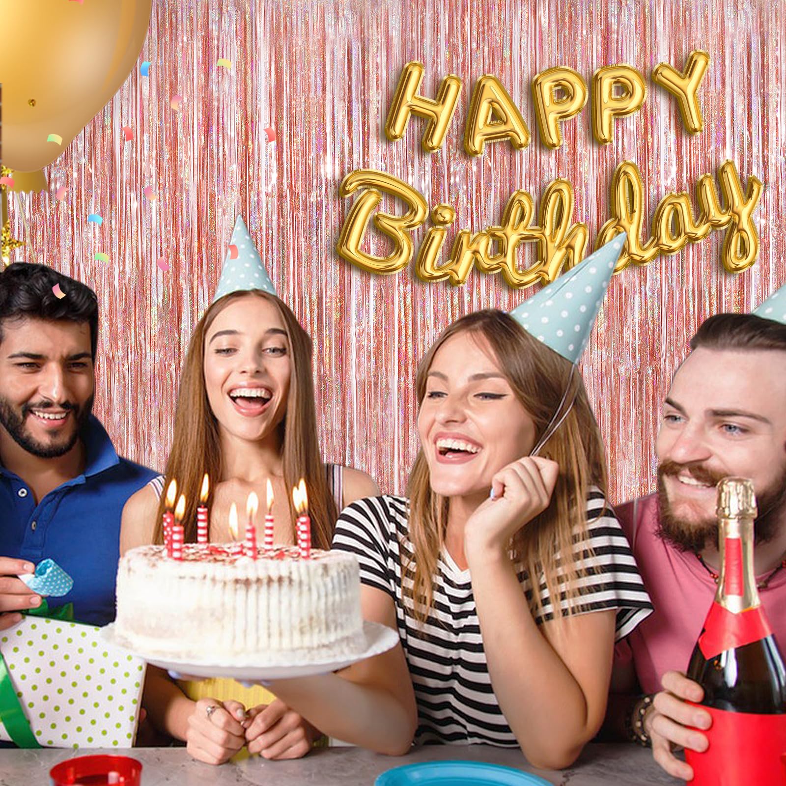 Rose Gold Foil Party Streamers 2 Pack Metallic Tinsel Fringe Curtain 3.3X 8.3Ft Streamer Curtains Anniversary Thanksgiving Chris