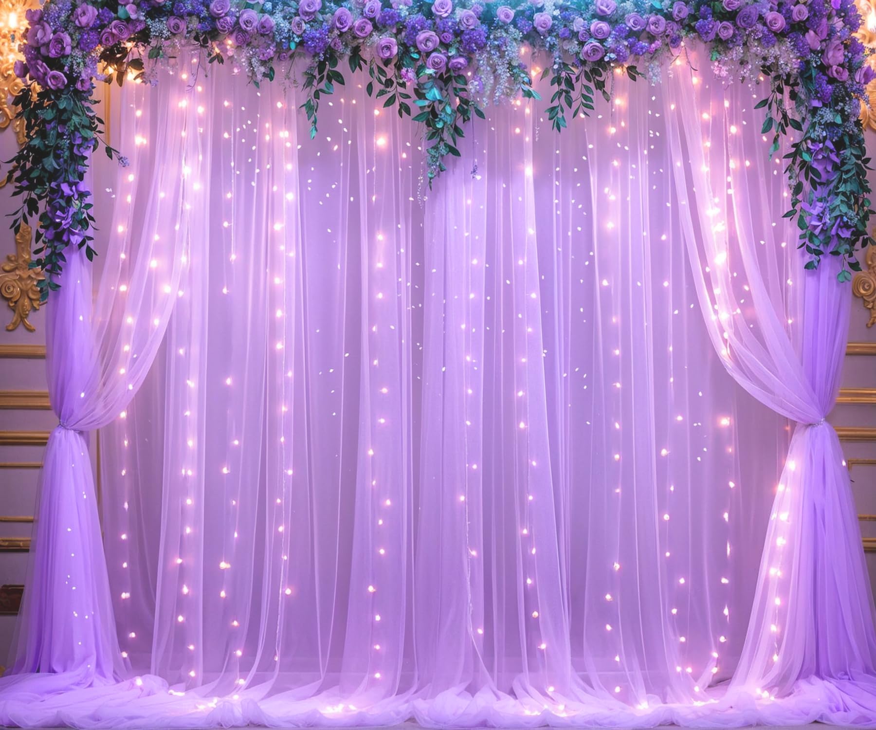 Lavender Sheer Backdrop Curtain With Led Lights For Baby Shower Girls Wedding10Ft X 10Ft Lavender Tulle Backdrop Curtain For Bri