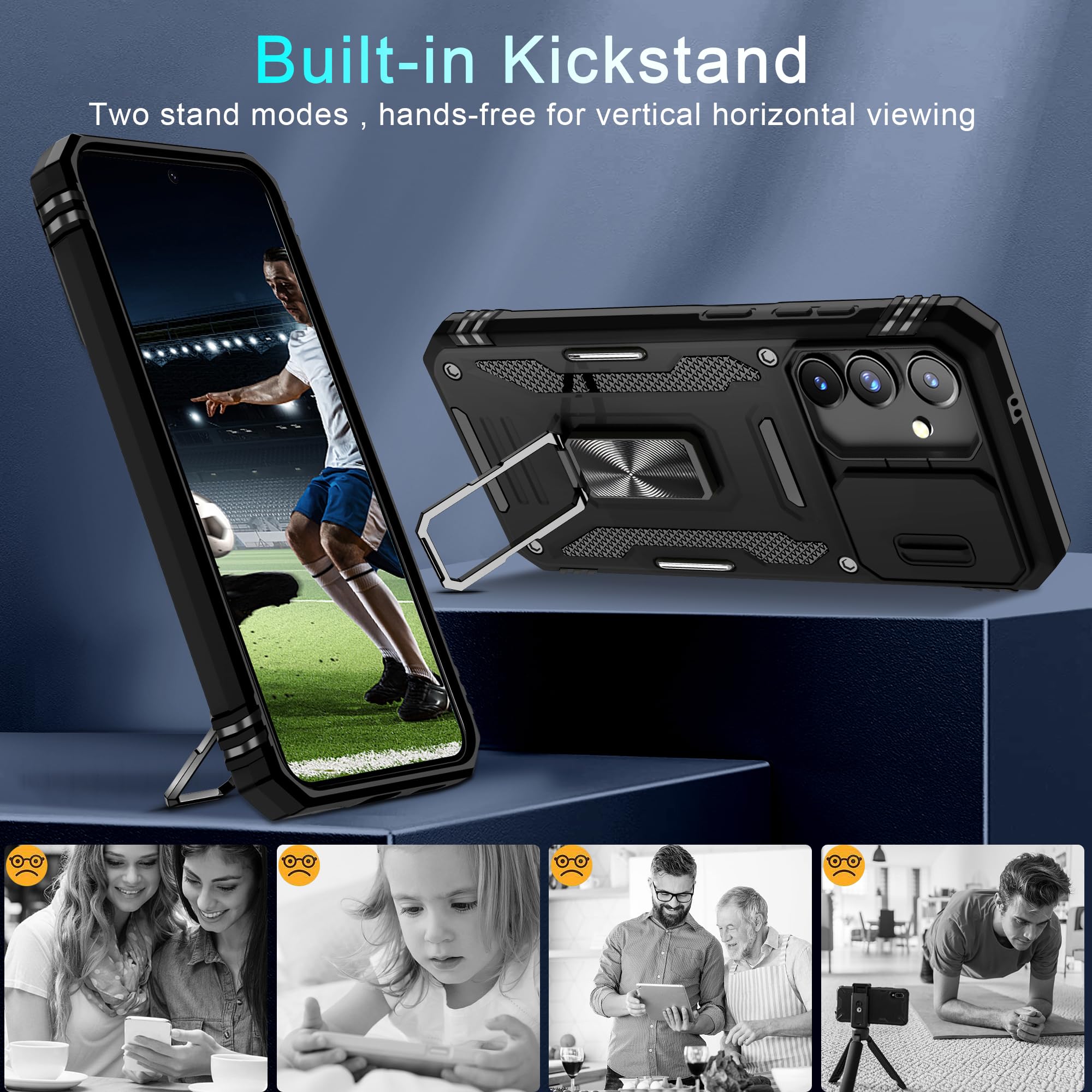 Deerlamn Case For Samsung Galaxy S24 Fe With Slide Camera Cover+Screen Protector(1 Pack), Rotated Ring Kickstand Military Grade