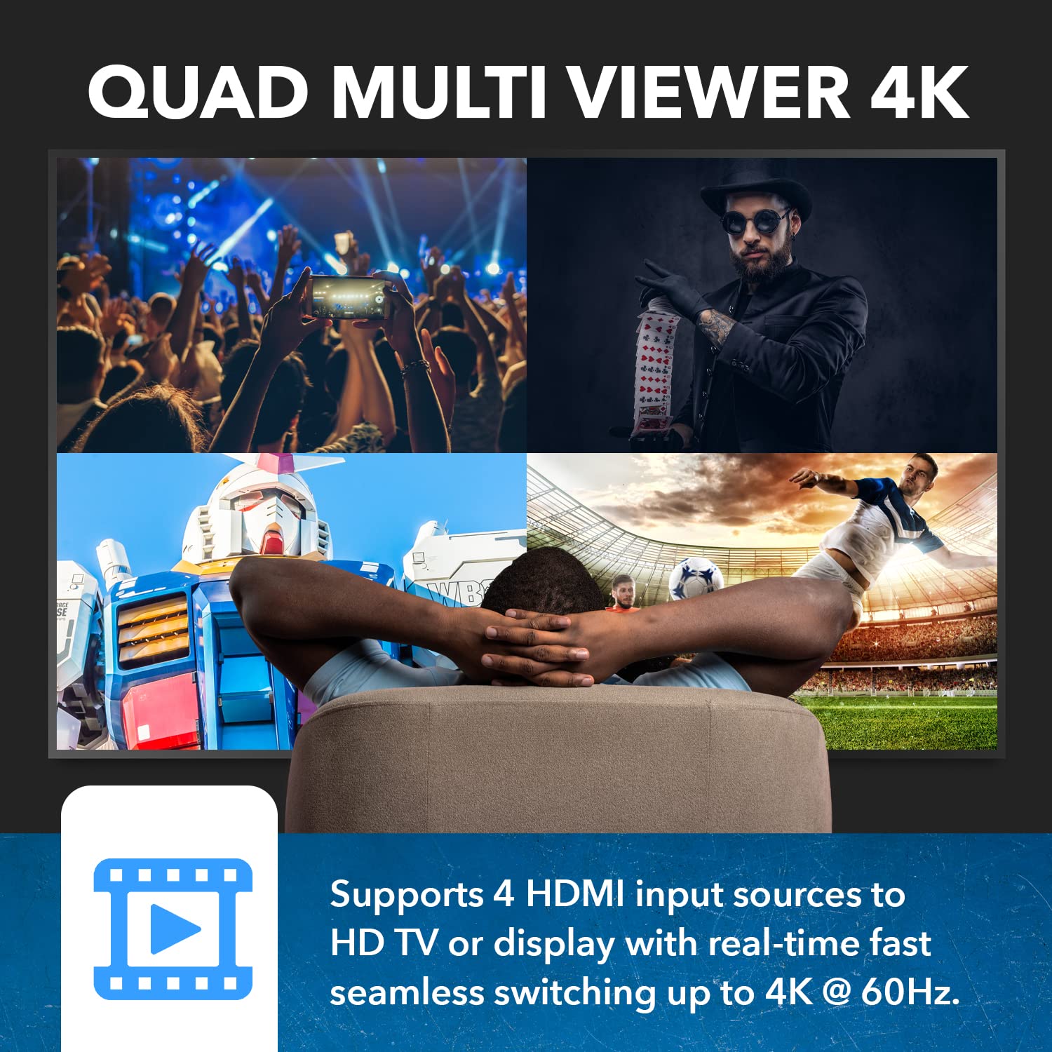Orei 4K Multi Hdmi Viewer Quad 4 In 1 Out, Switcher 4 Ports Seamless Ir Remote Support 4K @ 60Hz 1080P For Ps4/Pc/Dvd/Security C